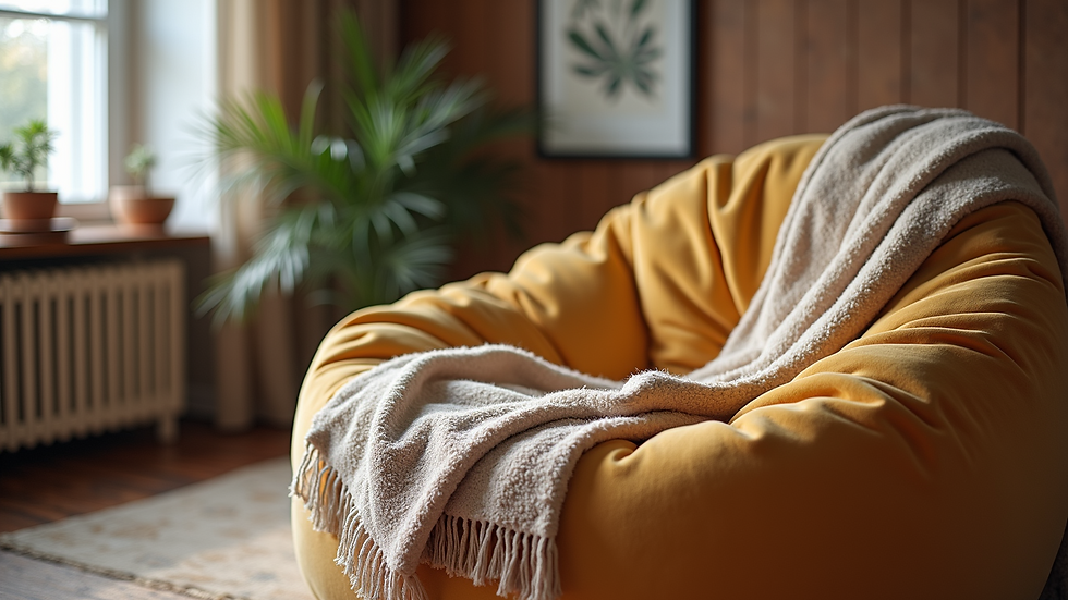 Close-up of a velvet beanbag chair with a soft throw