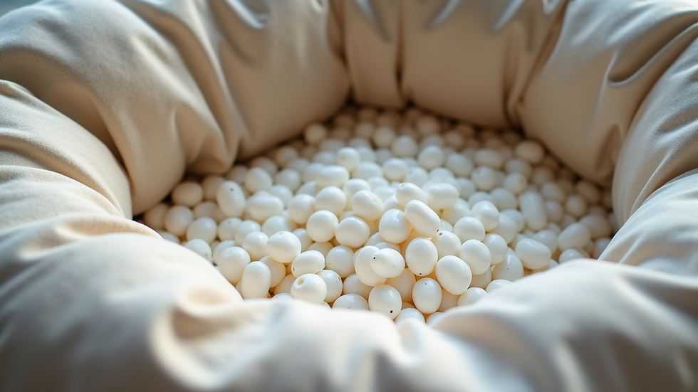 Close-up view of polystyrene beads filling inside a bean bag