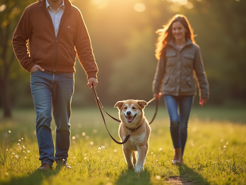 A dog walking calmly with his guardians outside