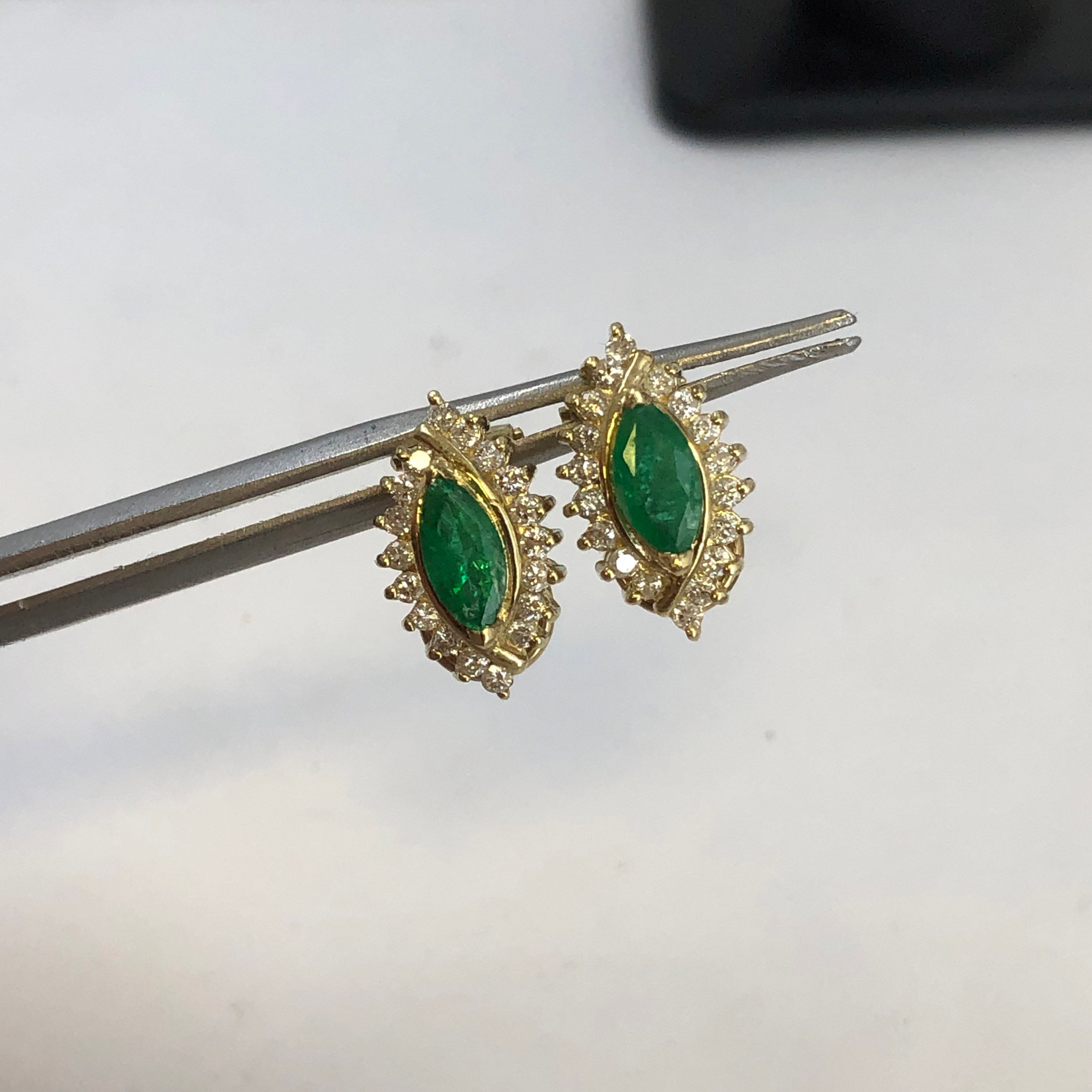 14k yellow gold emerald & diamond  earrings 