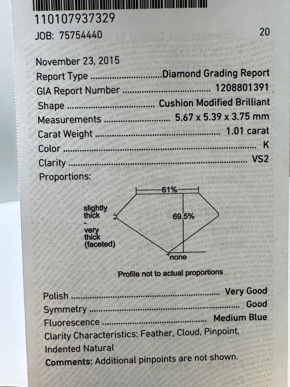 Thumbnail: Gia certified 1.01ct cushion cut natural diamond k vs2