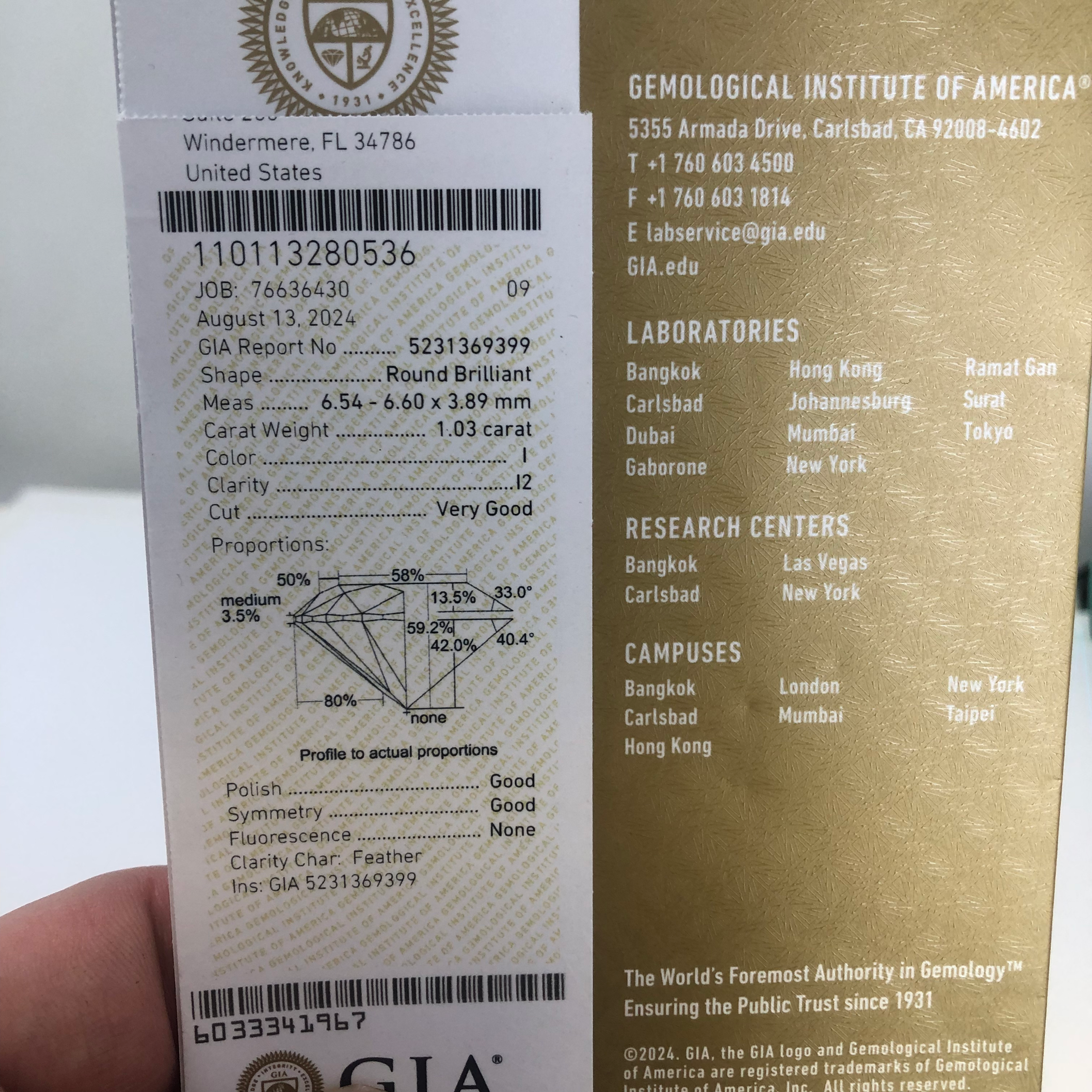 1.03ct Gia certified round natural diamond i i2