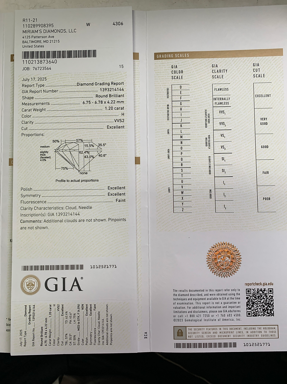 Thumbnail: GIA certified 1.20ct VVS2 H color excellent natural diamond 