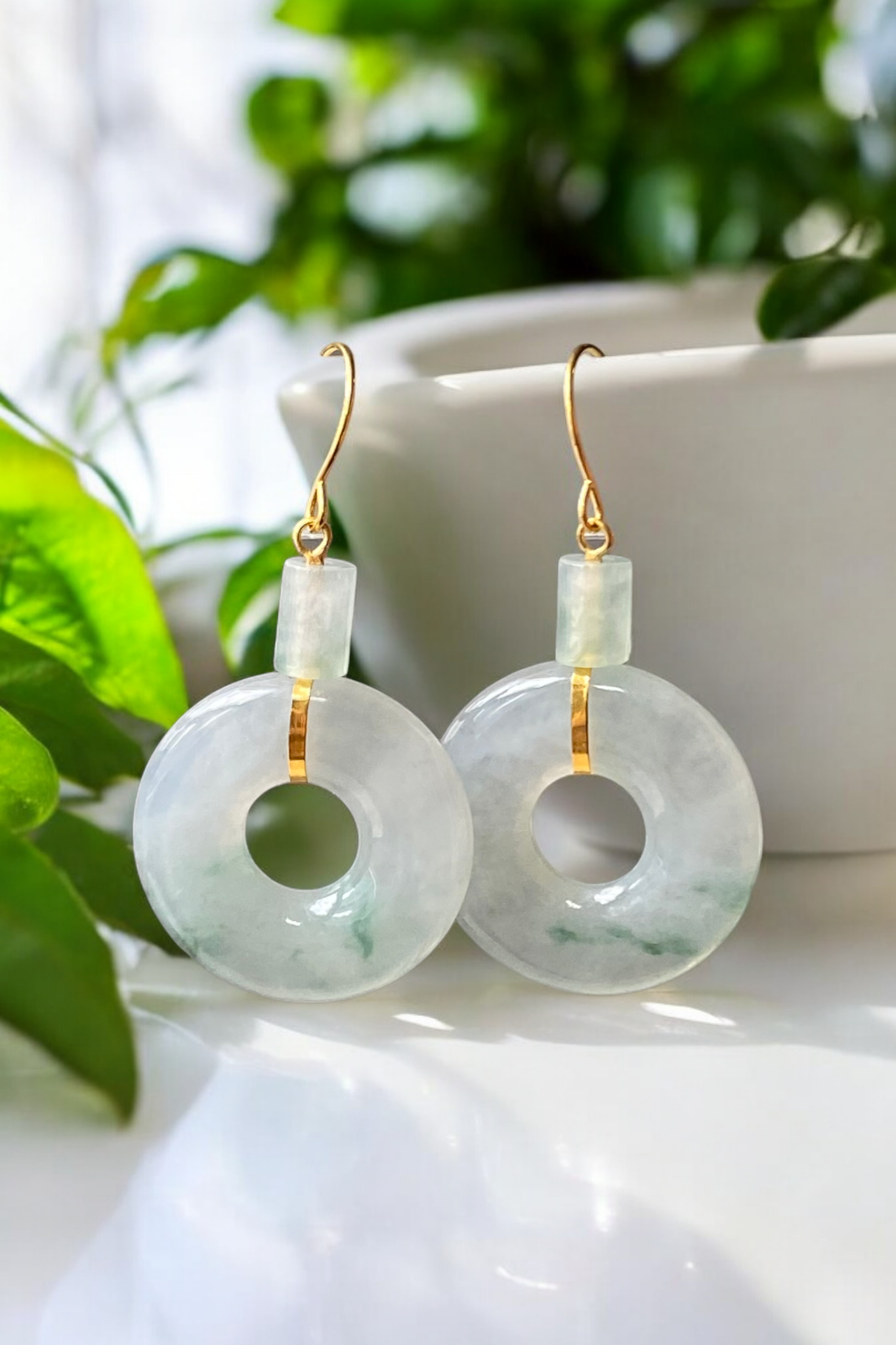 18K Yellow Gold Type A Translucent Floral Jadeite Donuts Earring