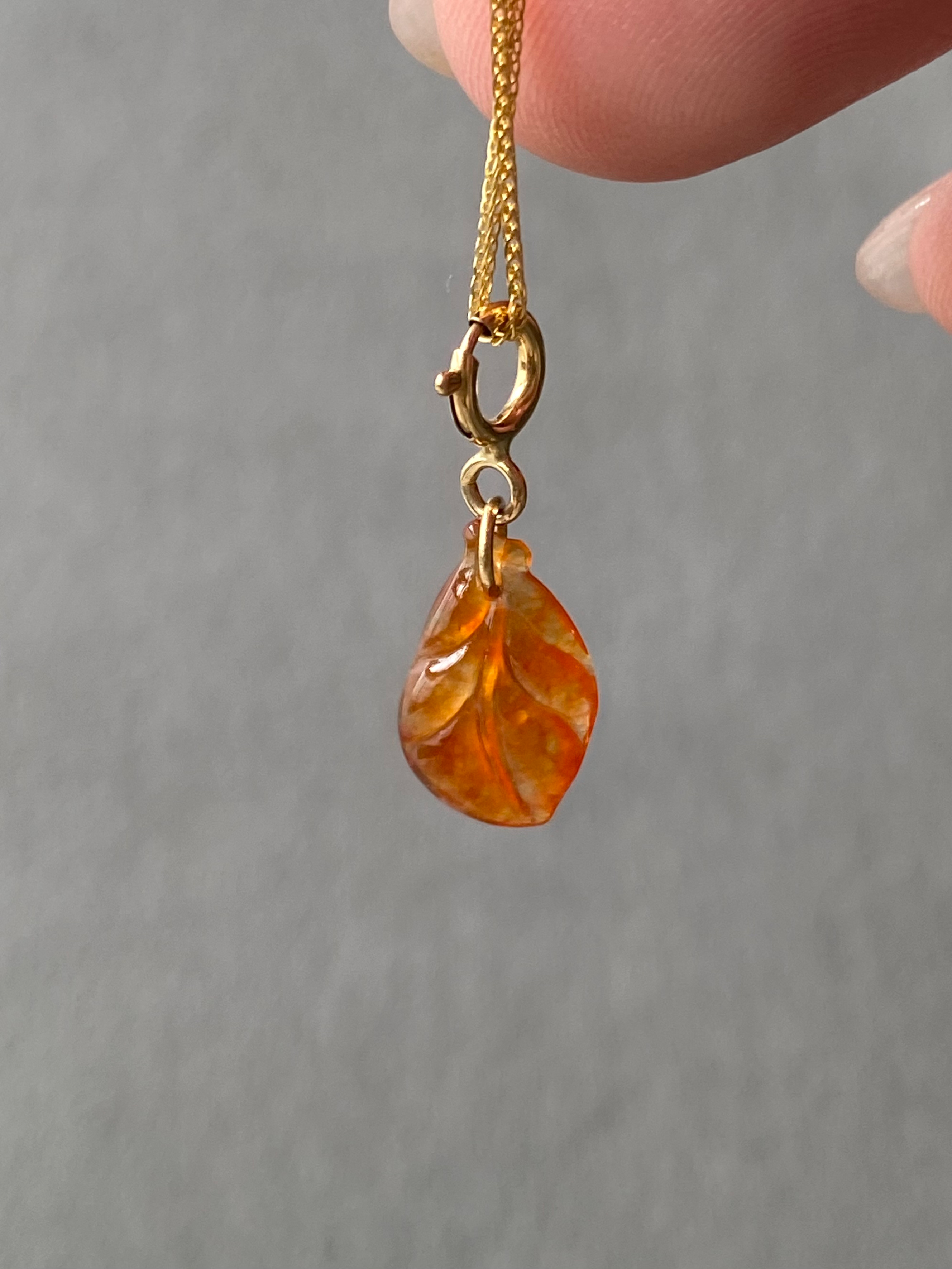 18K Gold Type A Translucent Orangy Red Jadeite Leaf Charm