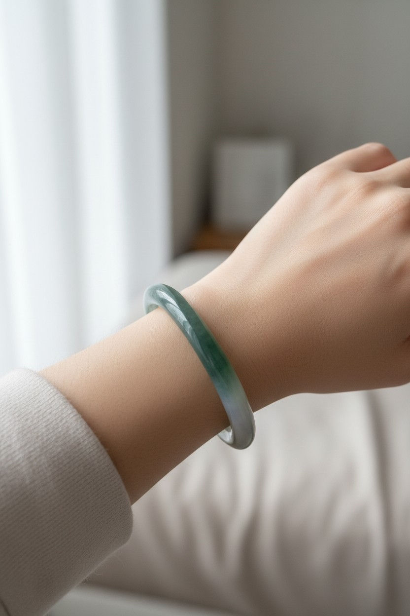 Thumbnail: 56.9MM Type A Translucent Bluish Green Mix Jadeite Bangle