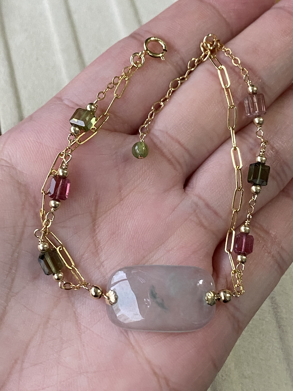 Thumbnail: 14K Gold Filled Translucent Rectangle Jadeite Bracelet