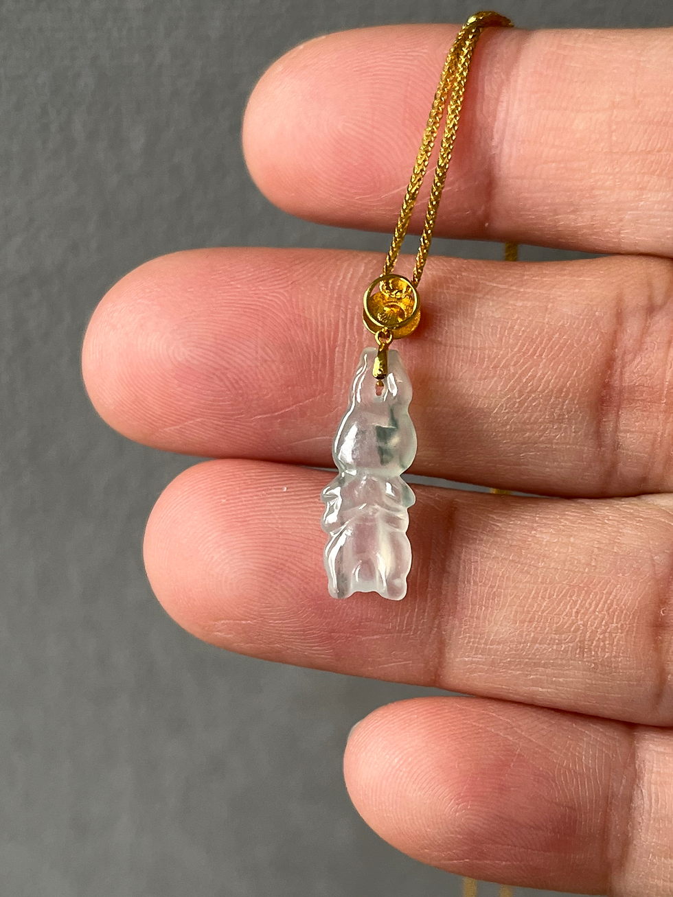 Thumbnail: 18K Yellow Gold Type A Icy Jadeite Rabbit Pendant