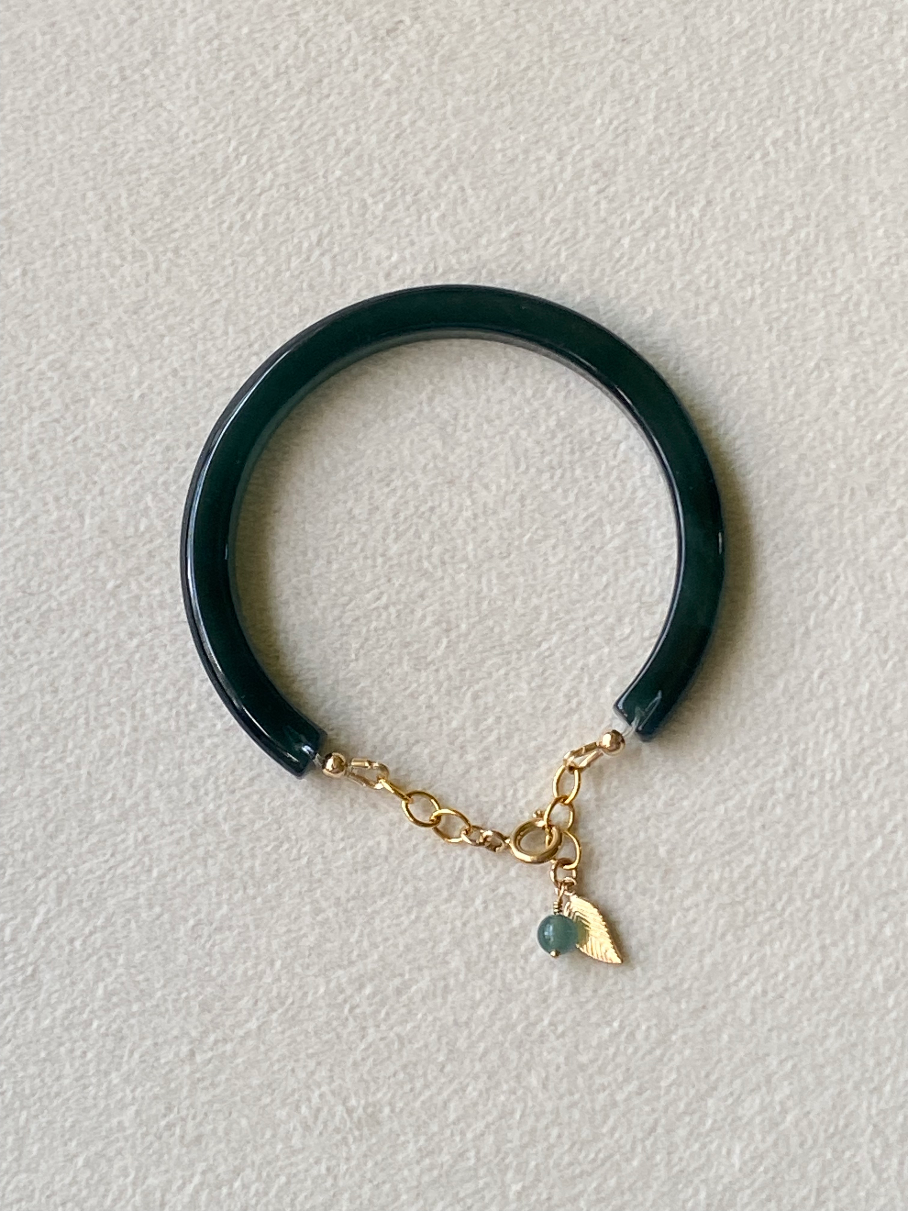 14K Gold Filled Type A Translucent Dark Bluish Green Jadeite Open Bangle