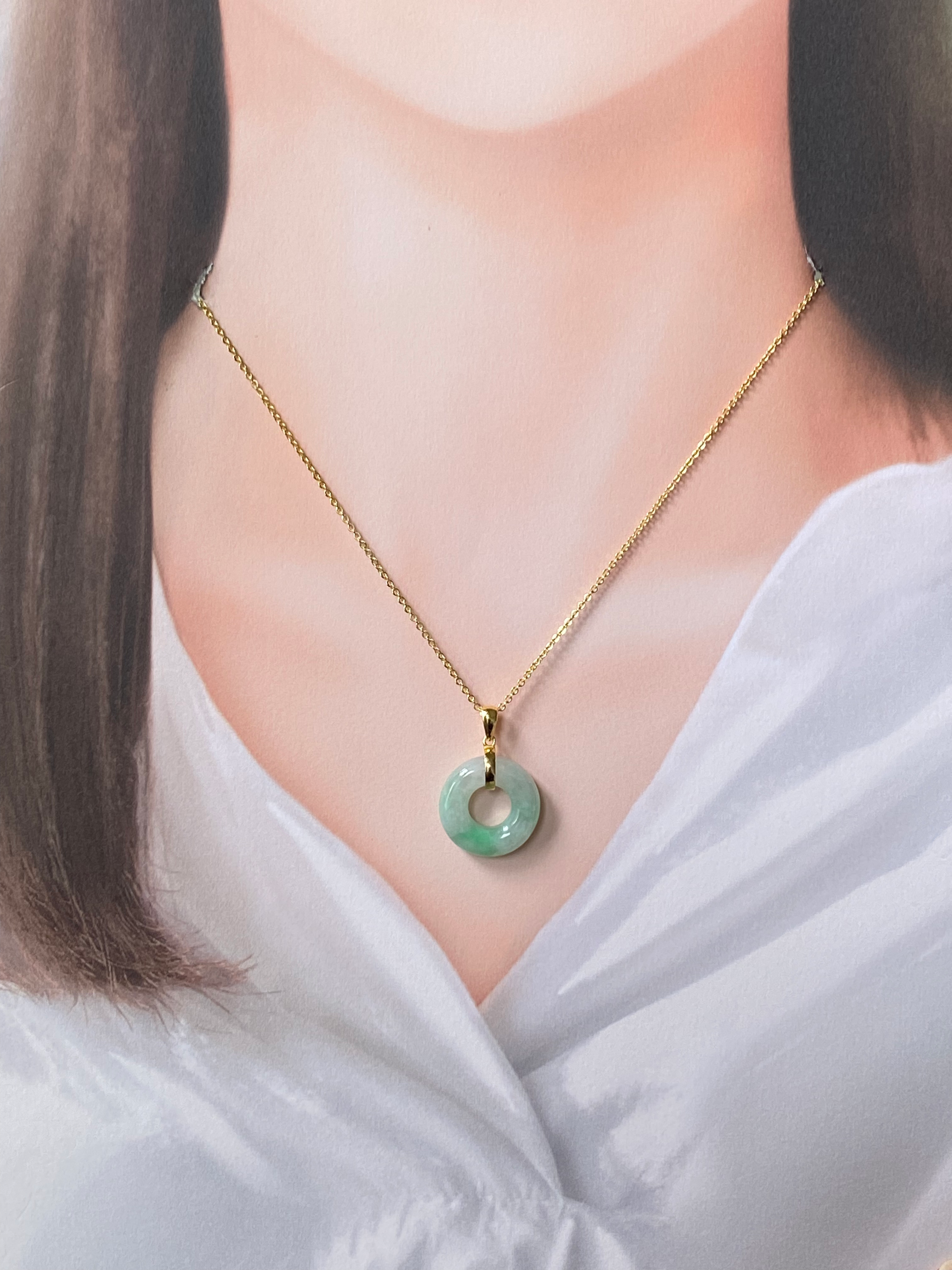 925 Silver Gold Plated Type A Bright Green Mix Jadeite Donut Pendant