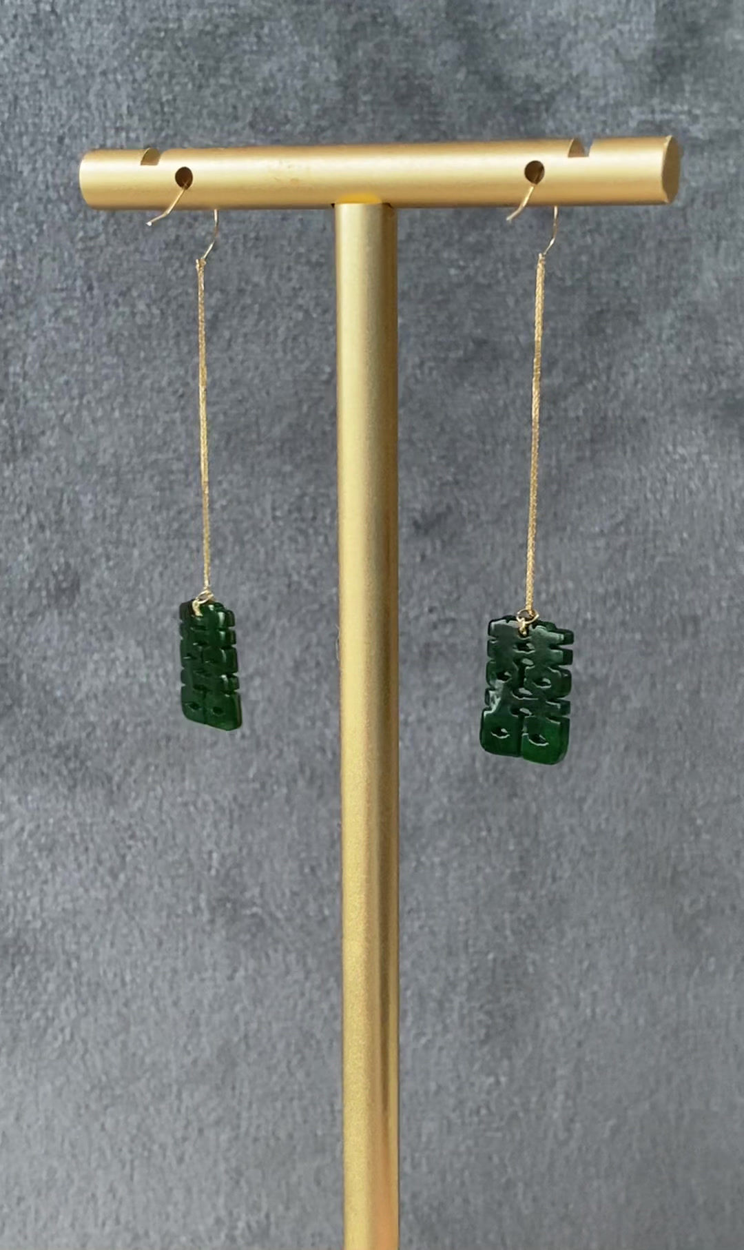 18K Yellow Gold Type A Dark Green Jadeite Double Happiness Earring