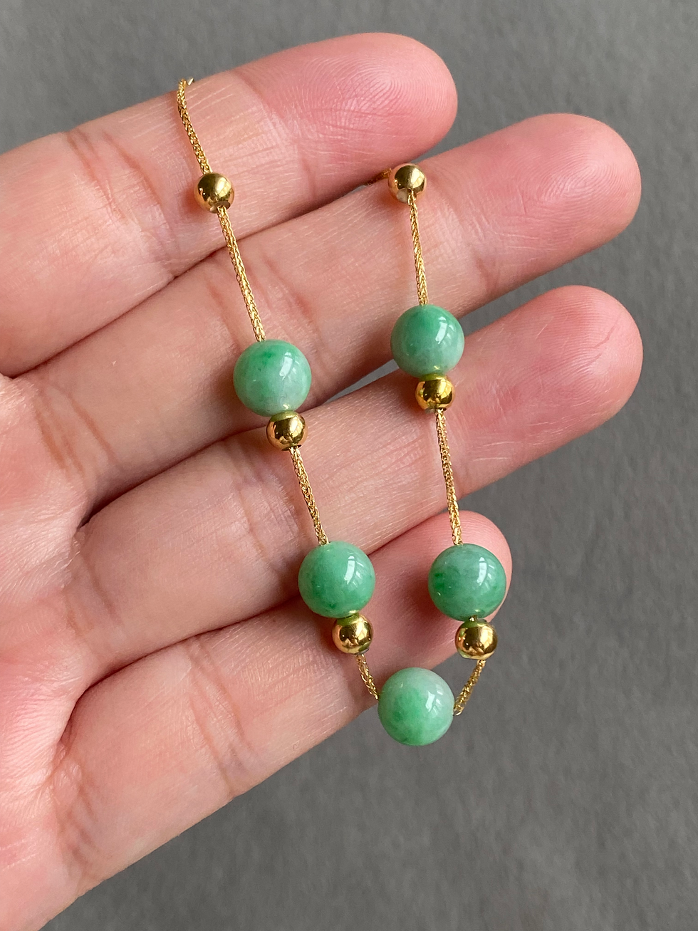 Thumbnail: 18K Gold Type A Light Bright Green Mix Jadeite Beads Bracelet