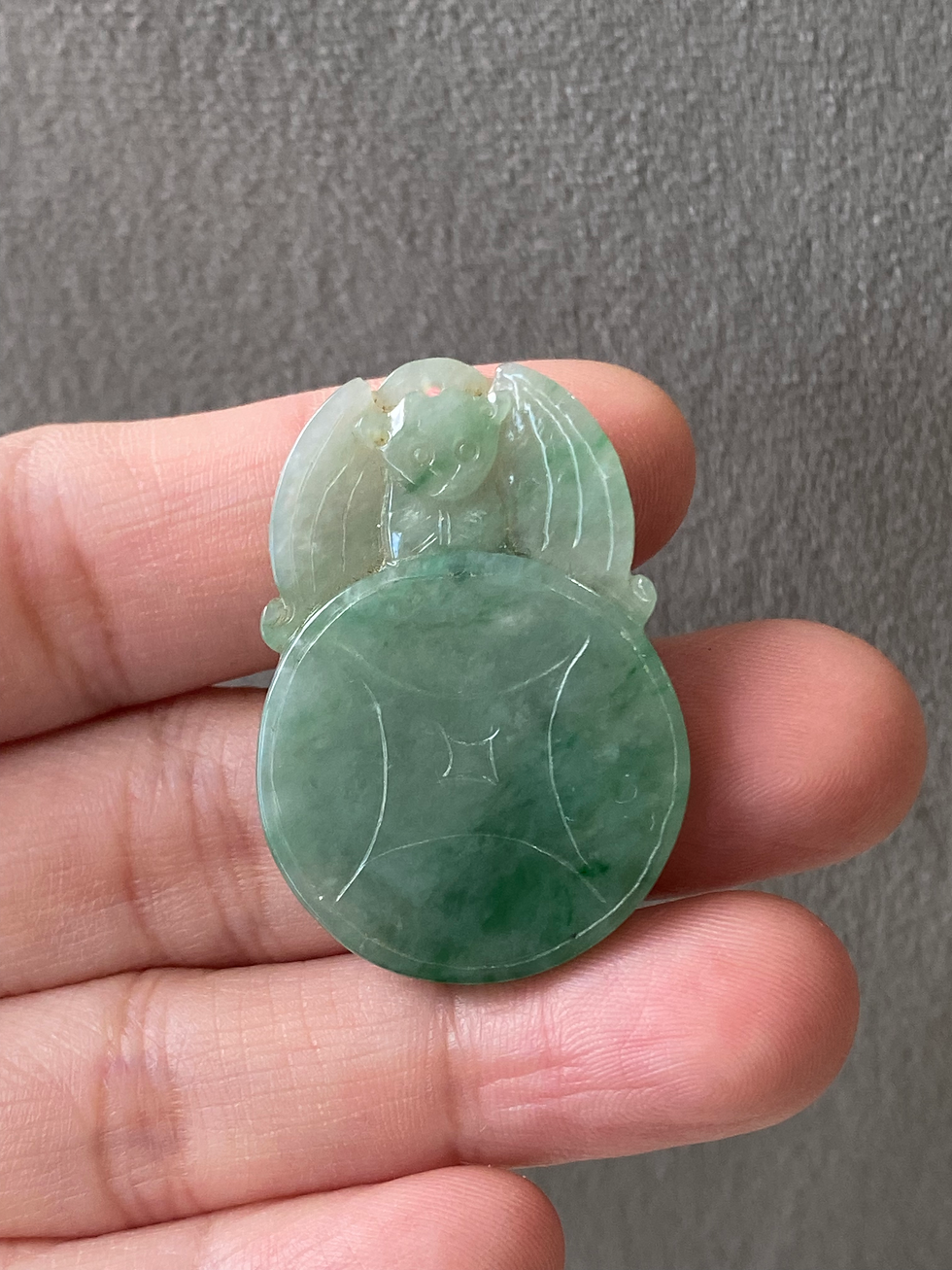 Thumbnail: Type A Green Jadeite Carved Bat n Coin (福在眼前) Pendant