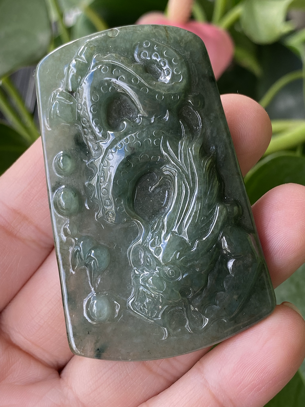 Thumbnail: Type A Translucent Dark Green Jadeite Dragon Pendant