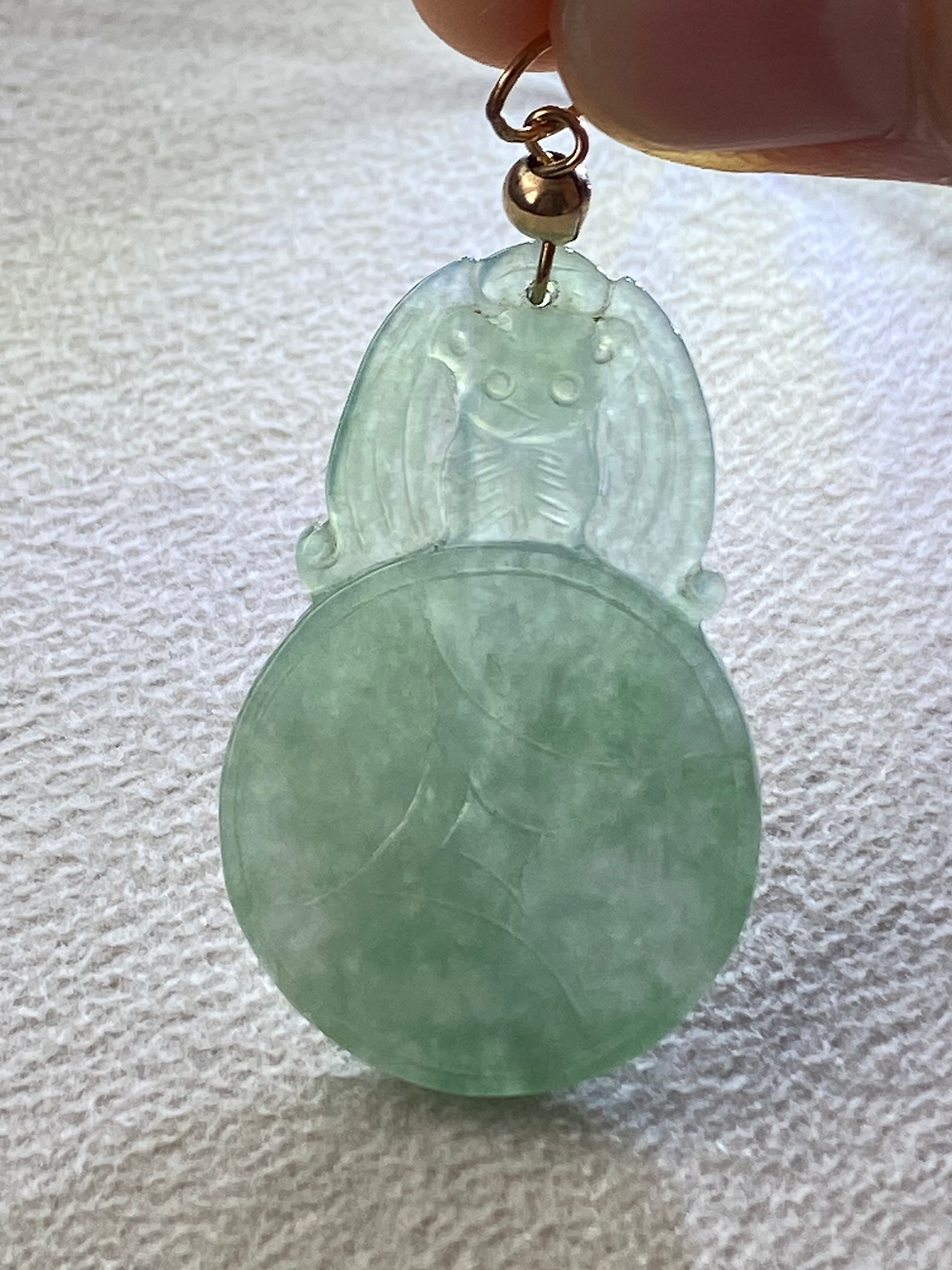 Thumbnail: Type A Translucent Green Jadeite Carved Bat n Coin Pendant