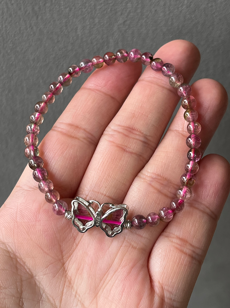 Thumbnail: Multi Colour Round Tourmaline Beads Bracelet with Butterfly Charm