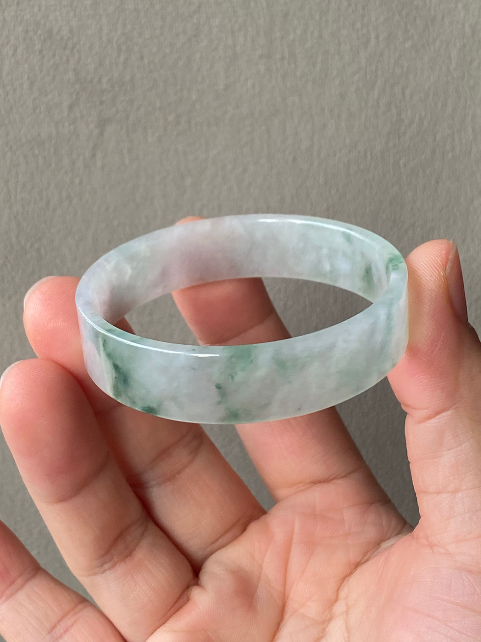Thumbnail: 49.1MM Type A Translucent Floral Green Flat Jadeite Bangle