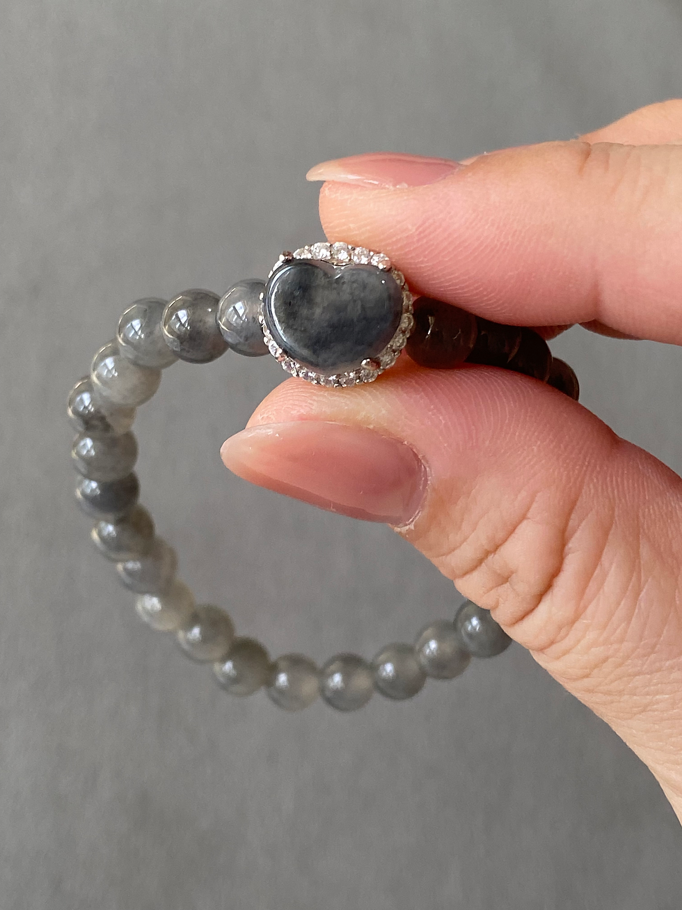 Thumbnail: Type A Translucent Greyish Black Jadeite Beads Bracelet with Heart Pendant