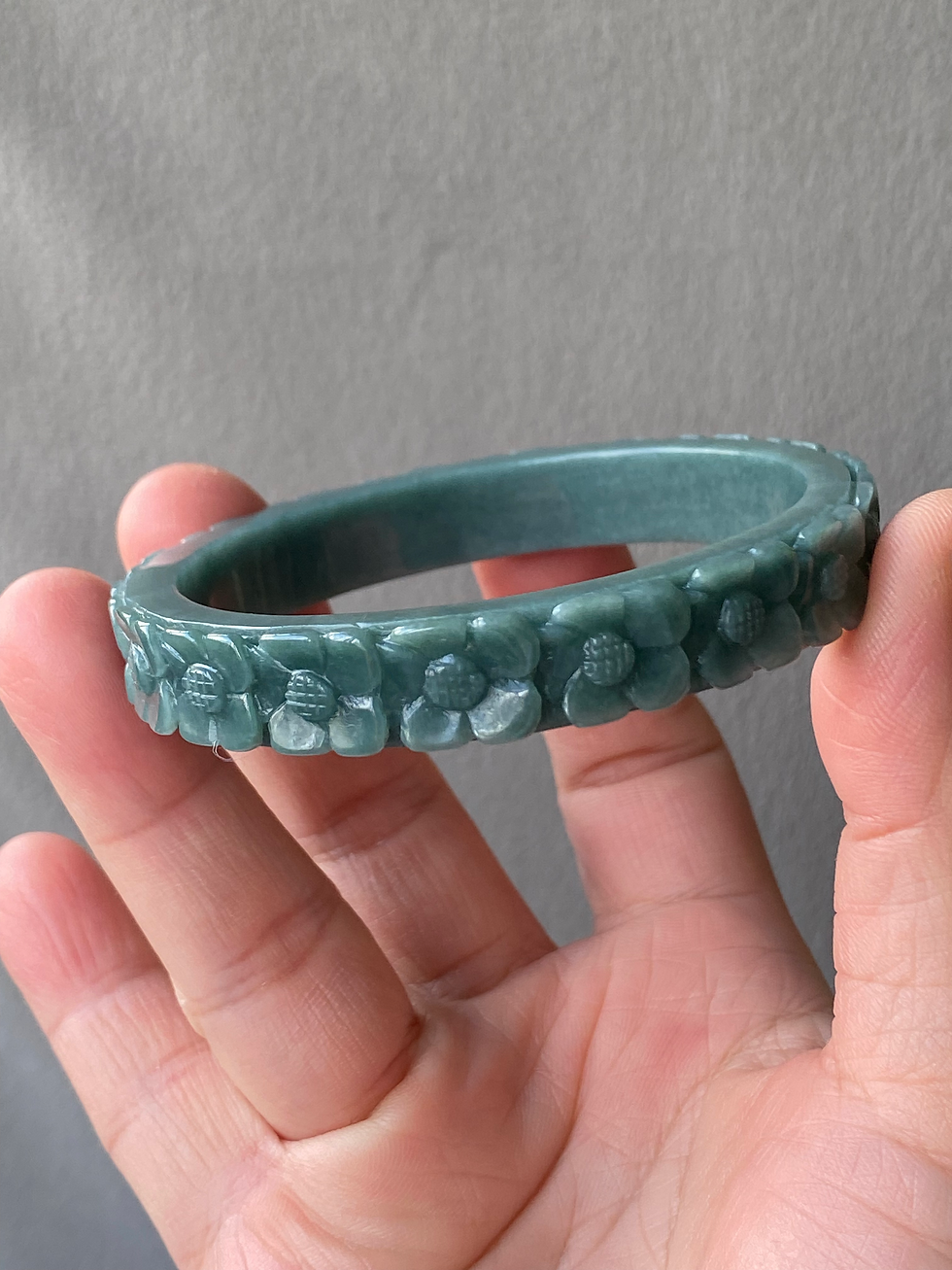 Thumbnail: 57.7MM Type Bluish Green Carved Flower Jadeite Bangle