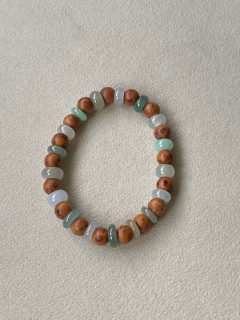 Thumbnail: Yabai Wood Beads Bracelet with Type A Mix Colour Jadeite Barrels