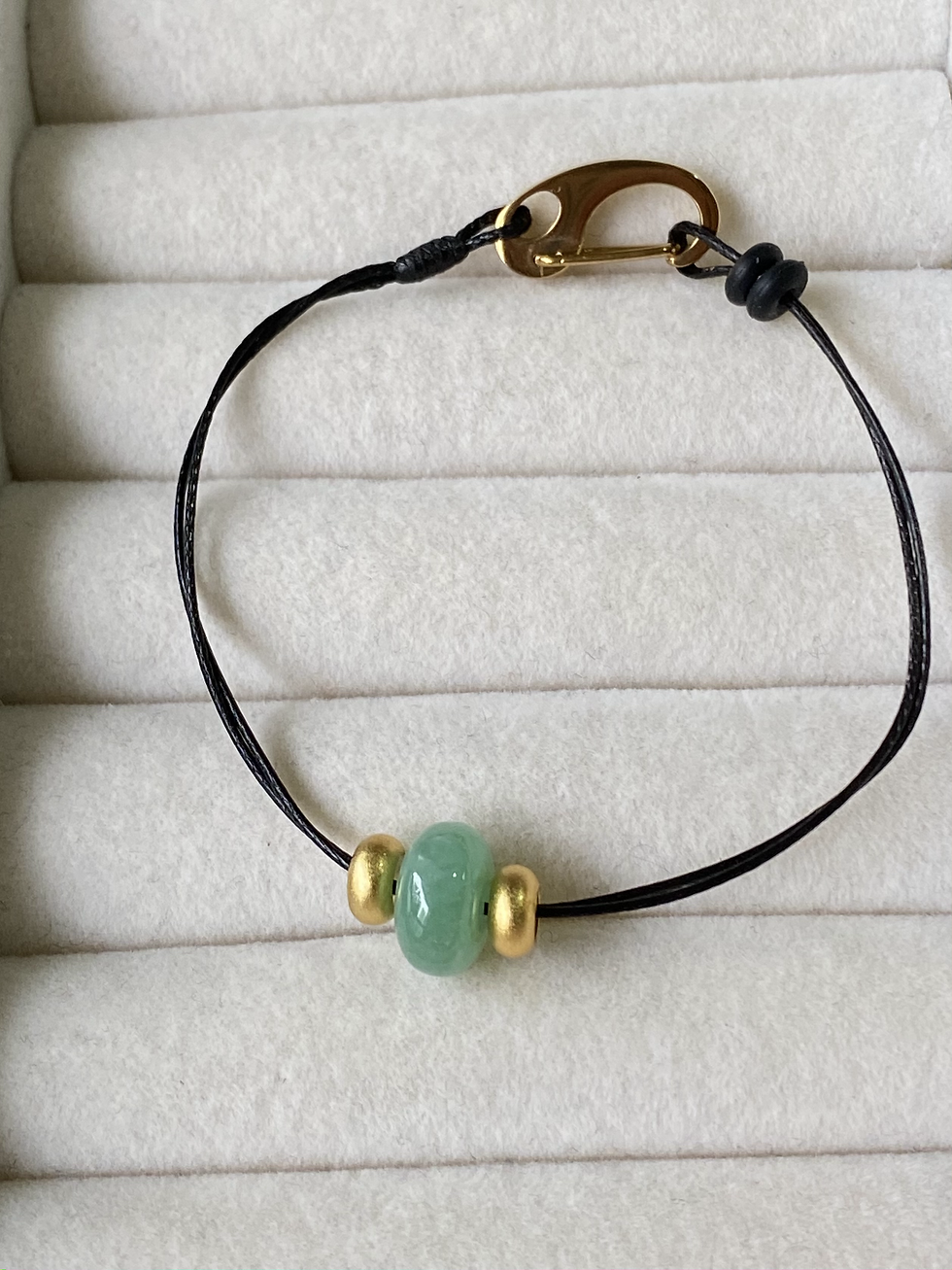 Thumbnail: Translucent Green Mini Jadeite Barrel Leather Bracelet
