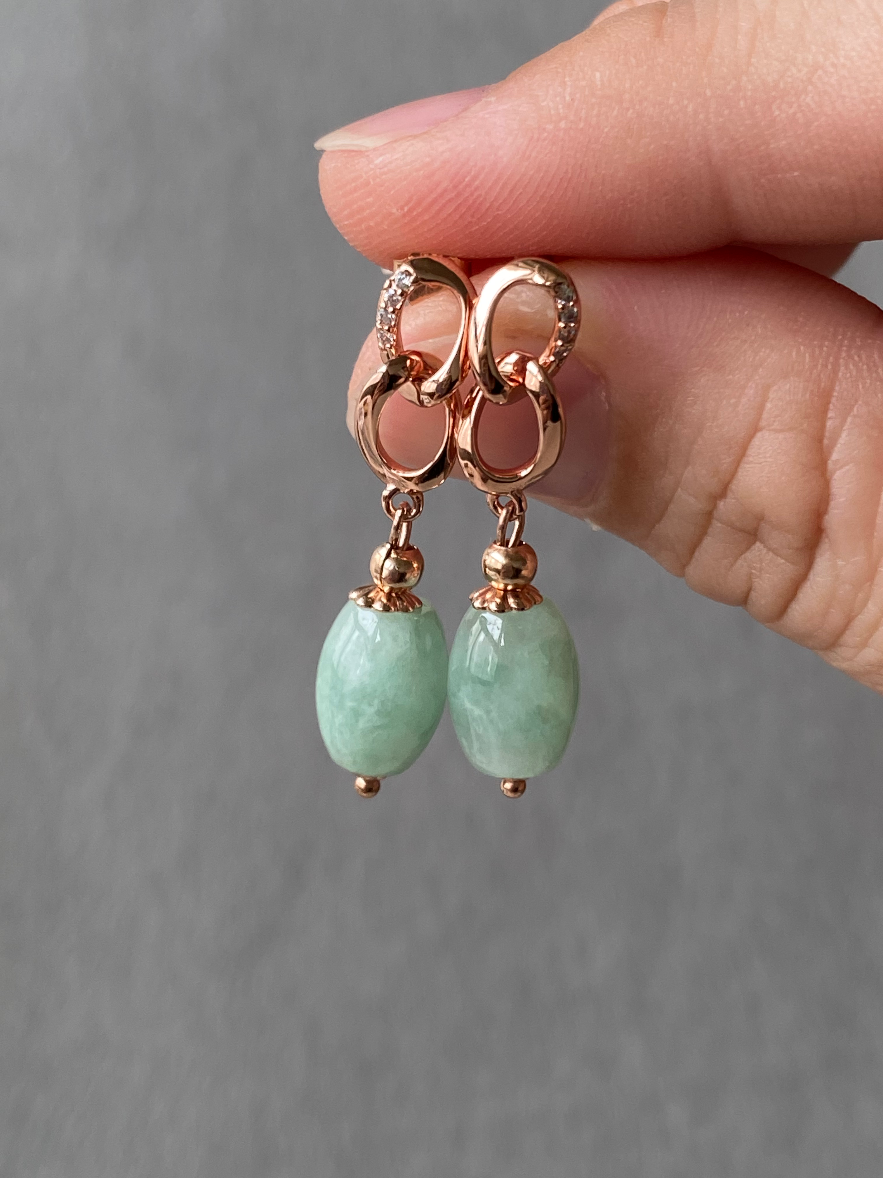 925 Silver Rose Gold Plated Type A Light Green Jadeite Beads Ear Studs