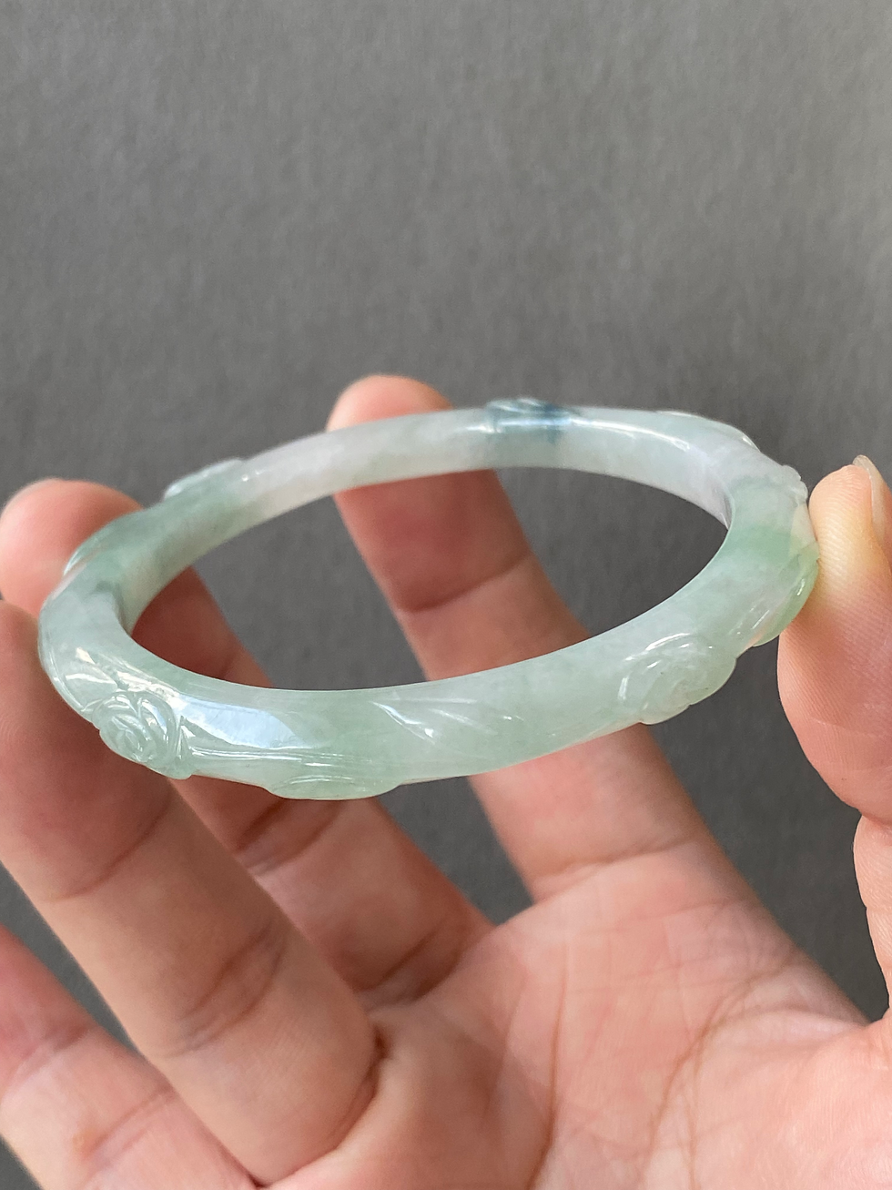 Thumbnail: ***53.8MM Type A Translucent Floral Green Carved Jadeite Bangle