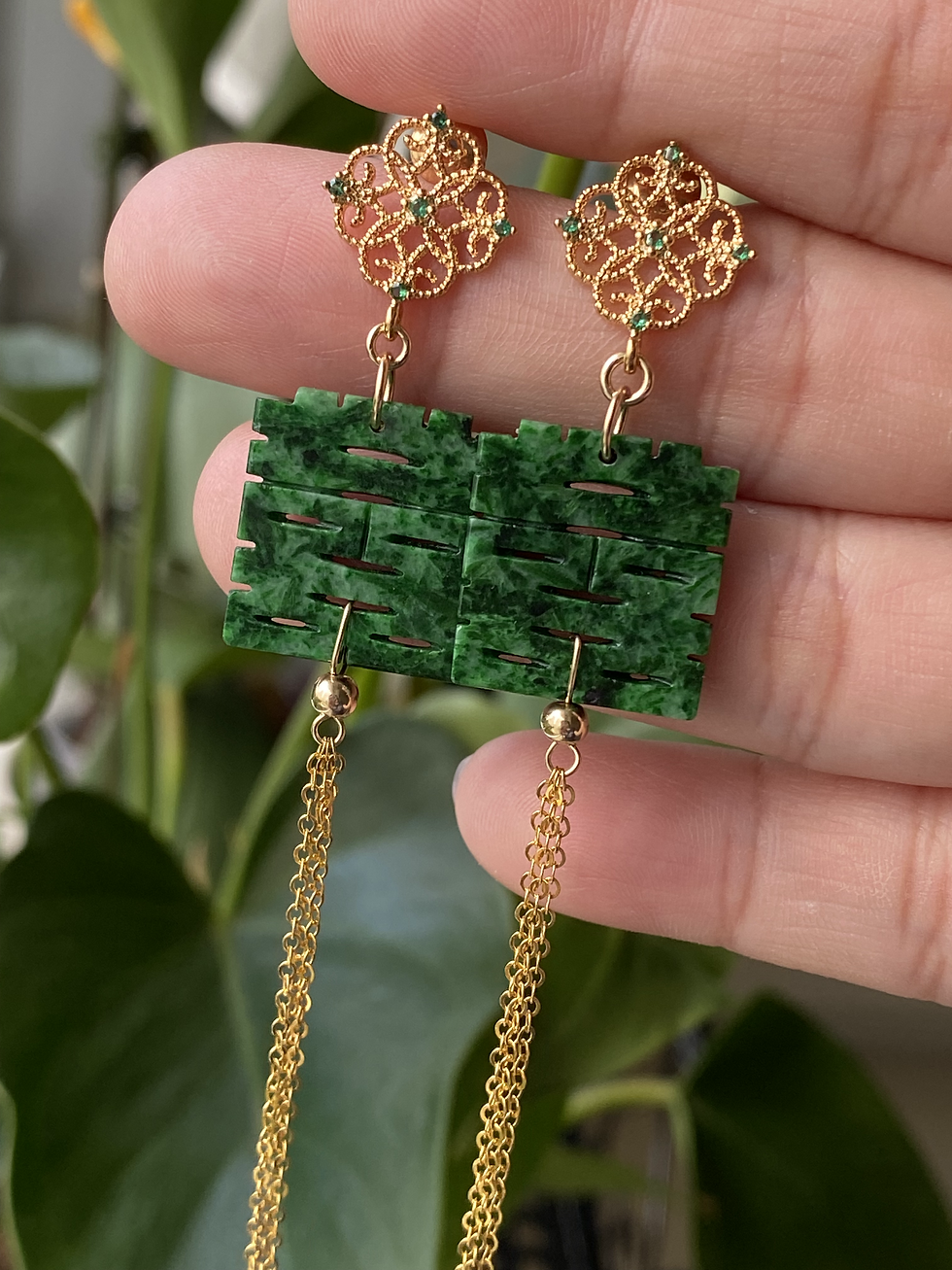 Thumbnail: 925 Silver Gold Plated Green Mix Jadeite Double Happiness Earrings