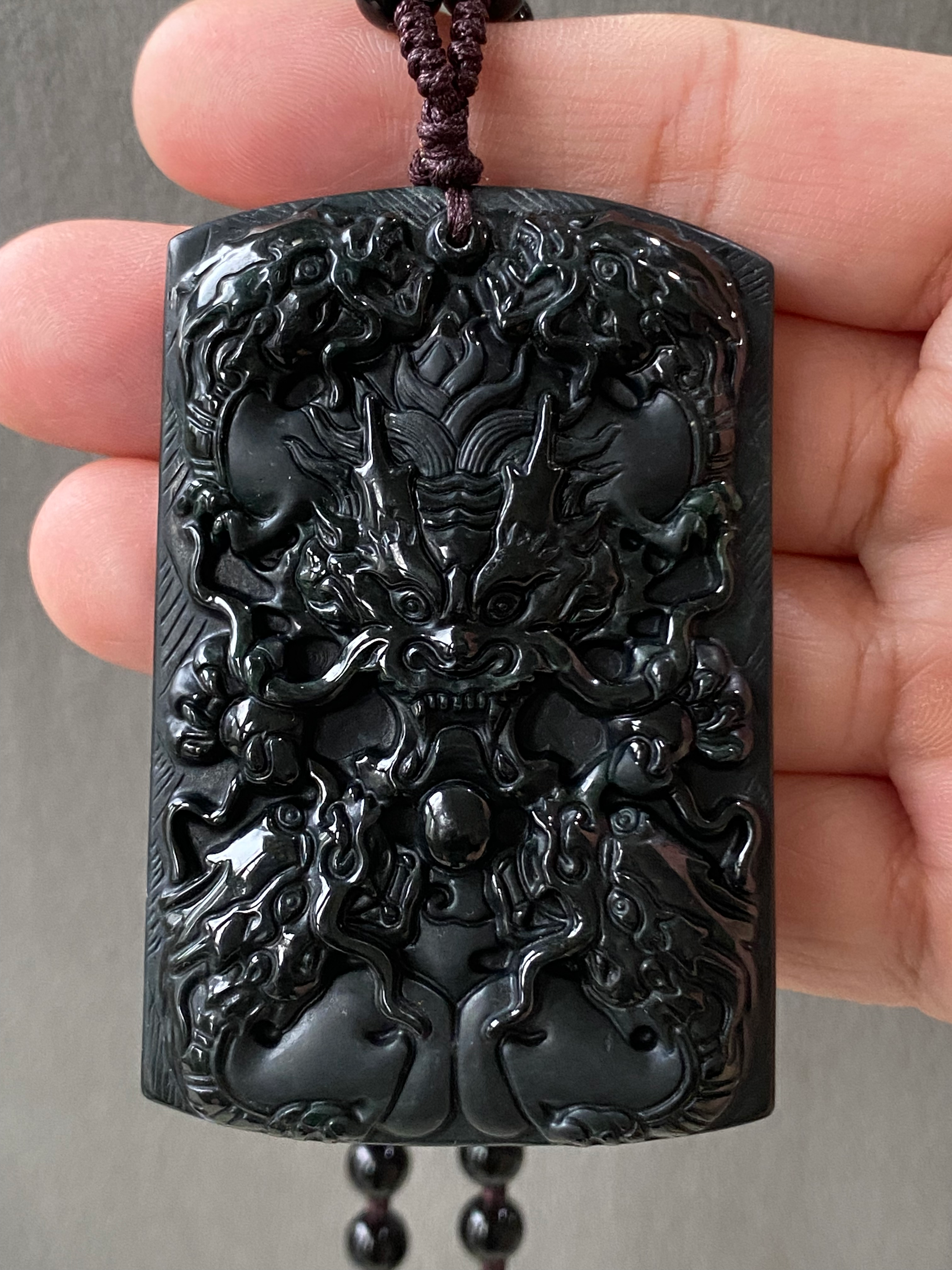 Type A Omphacite Black Jadeite Five Dragon Pendant