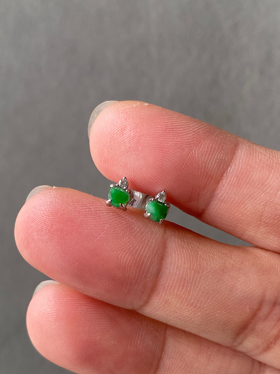 Thumbnail: 925 Silver Type A Translucent Mini Brillant Green Odd Shape Jadeite Ear Studs