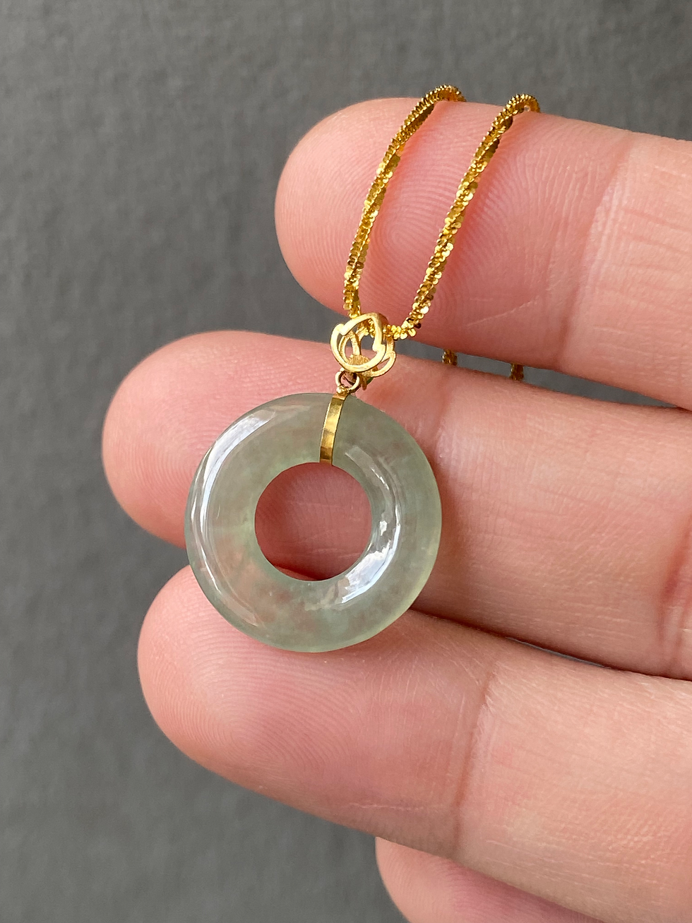 Thumbnail: 18K Yellow Gold Type A Translucent Light Green Jadeite Donut Pendant