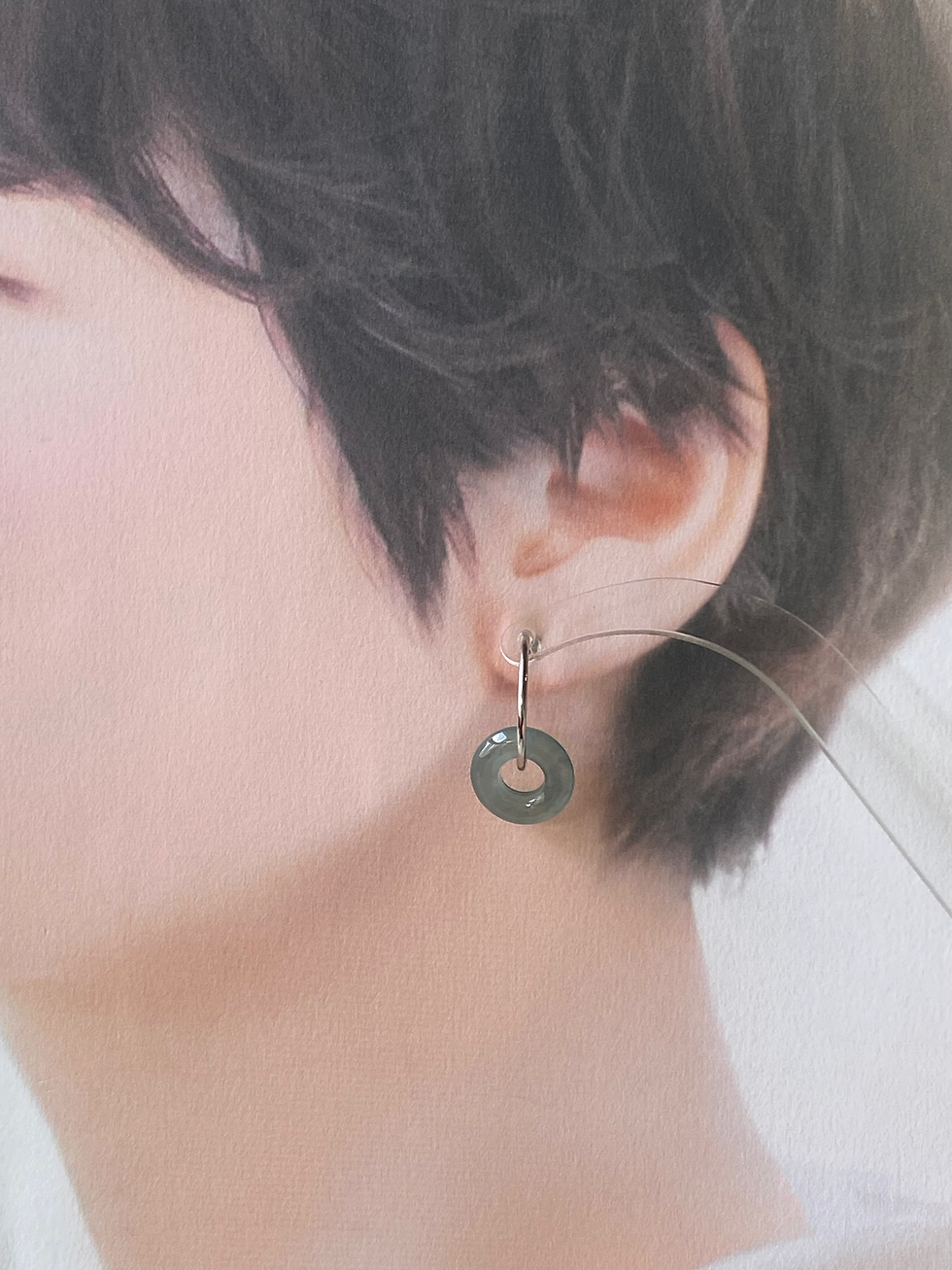 Thumbnail: 925 Silver Type A Icy Bluish Green Jadeite Donuts Ear Loop
