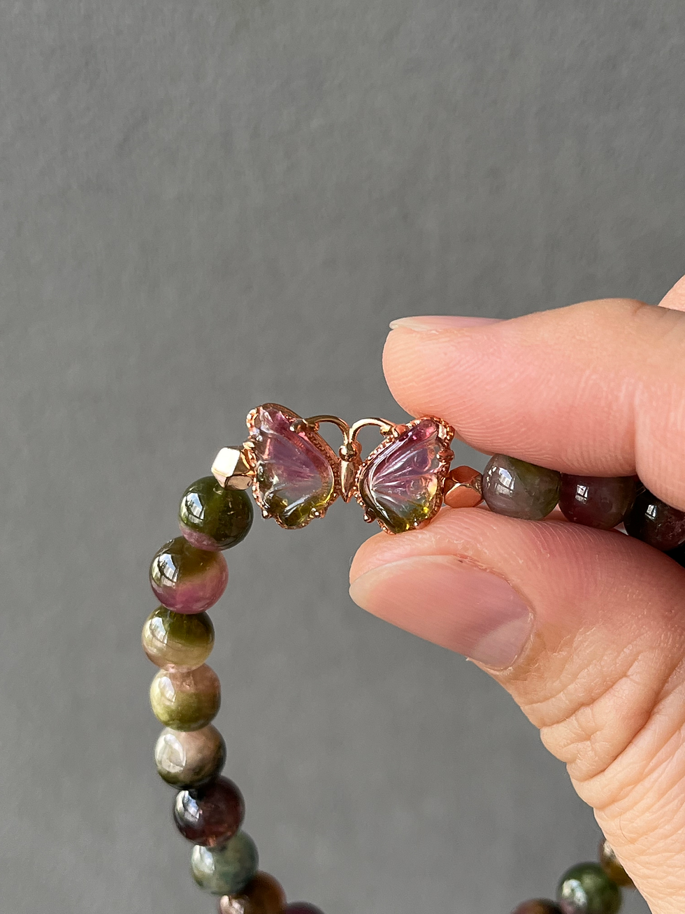 Thumbnail: Multi Colour Round Tourmaline Beads Bracelet with Butterfly Charm