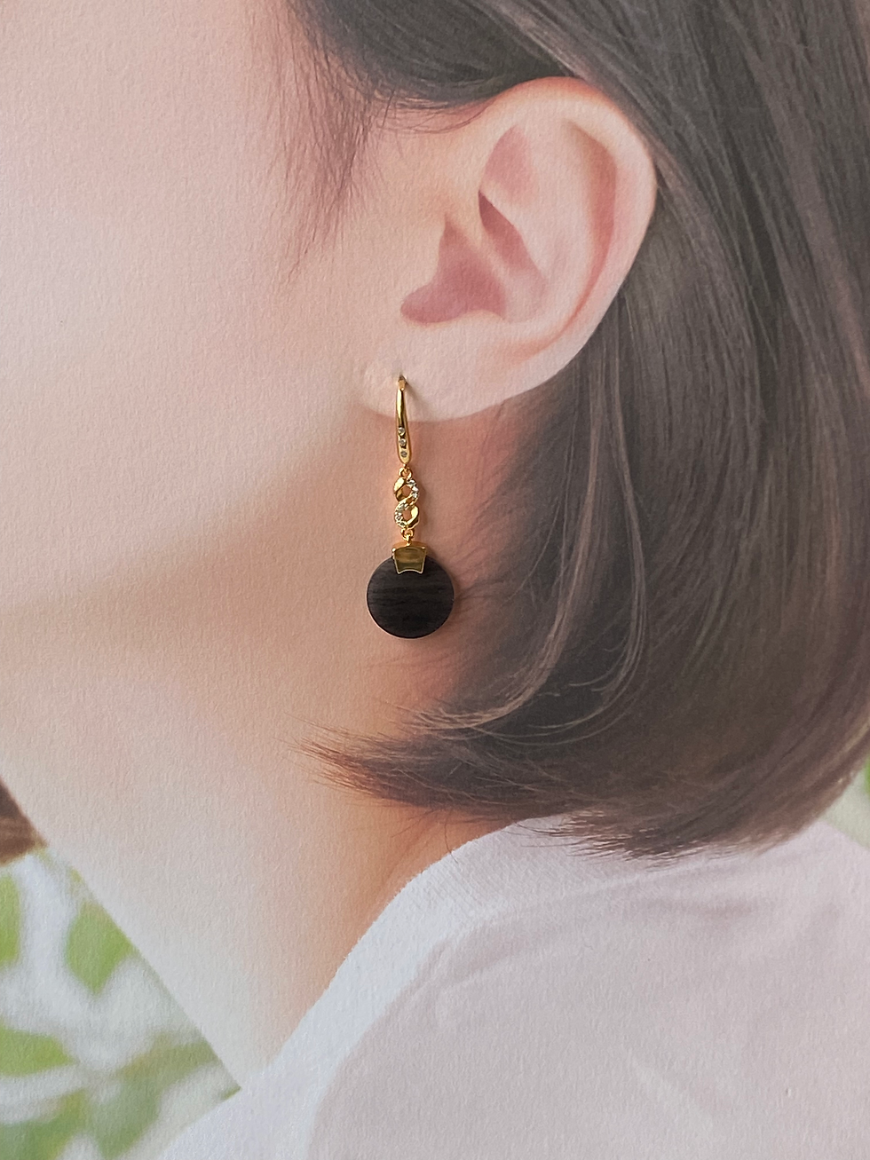Thumbnail: 925 Silver Gold Plated Translucent Black Jadeite Disc Earrings