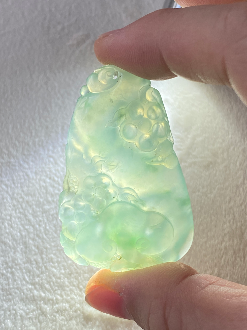 Thumbnail: Type A Translucent Faint Green Mix Jadeite Carved Pendant
