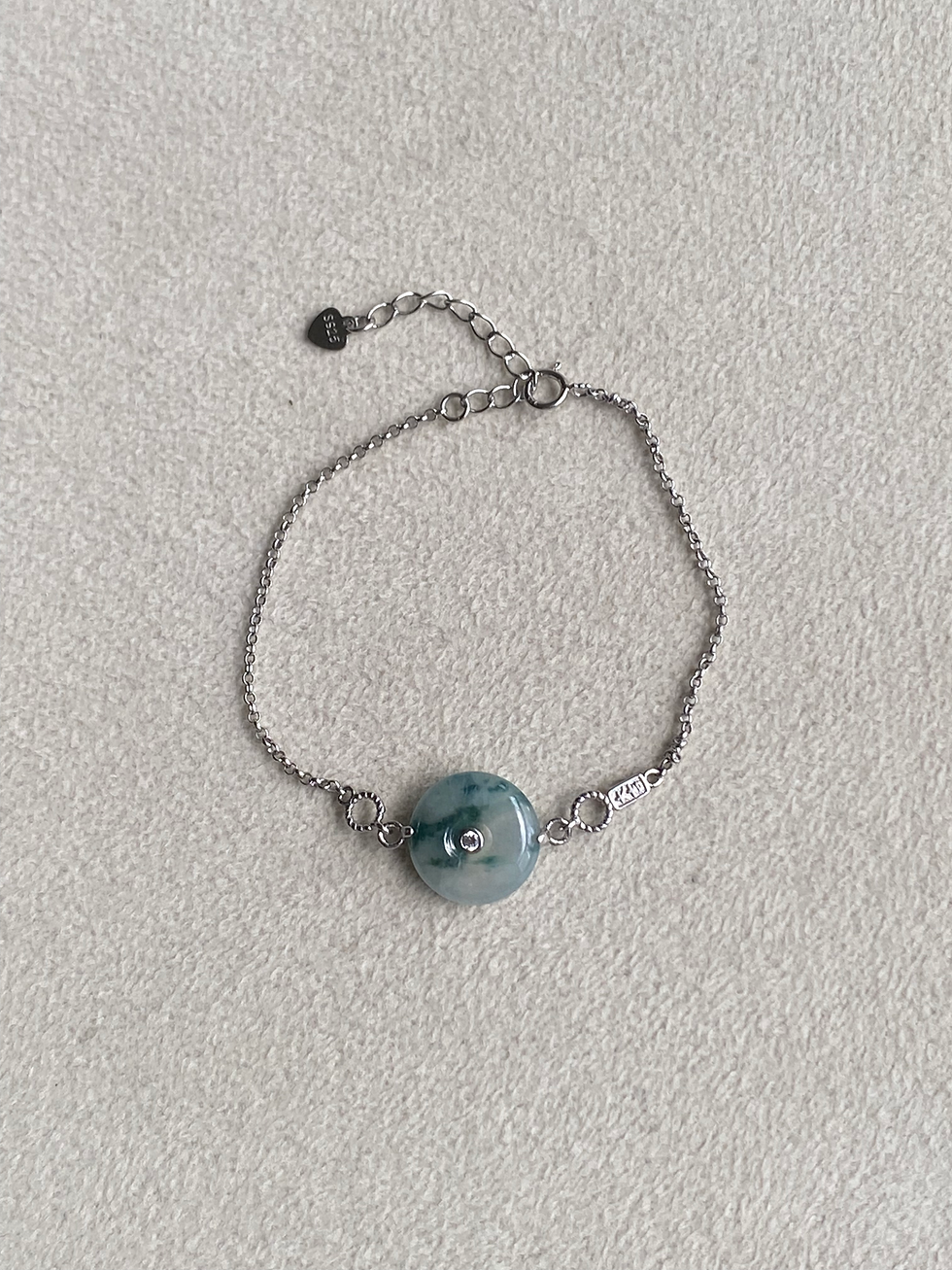 Thumbnail: 925 Silver Type A Translucent Floral Green Jadeite Disc Bracelet