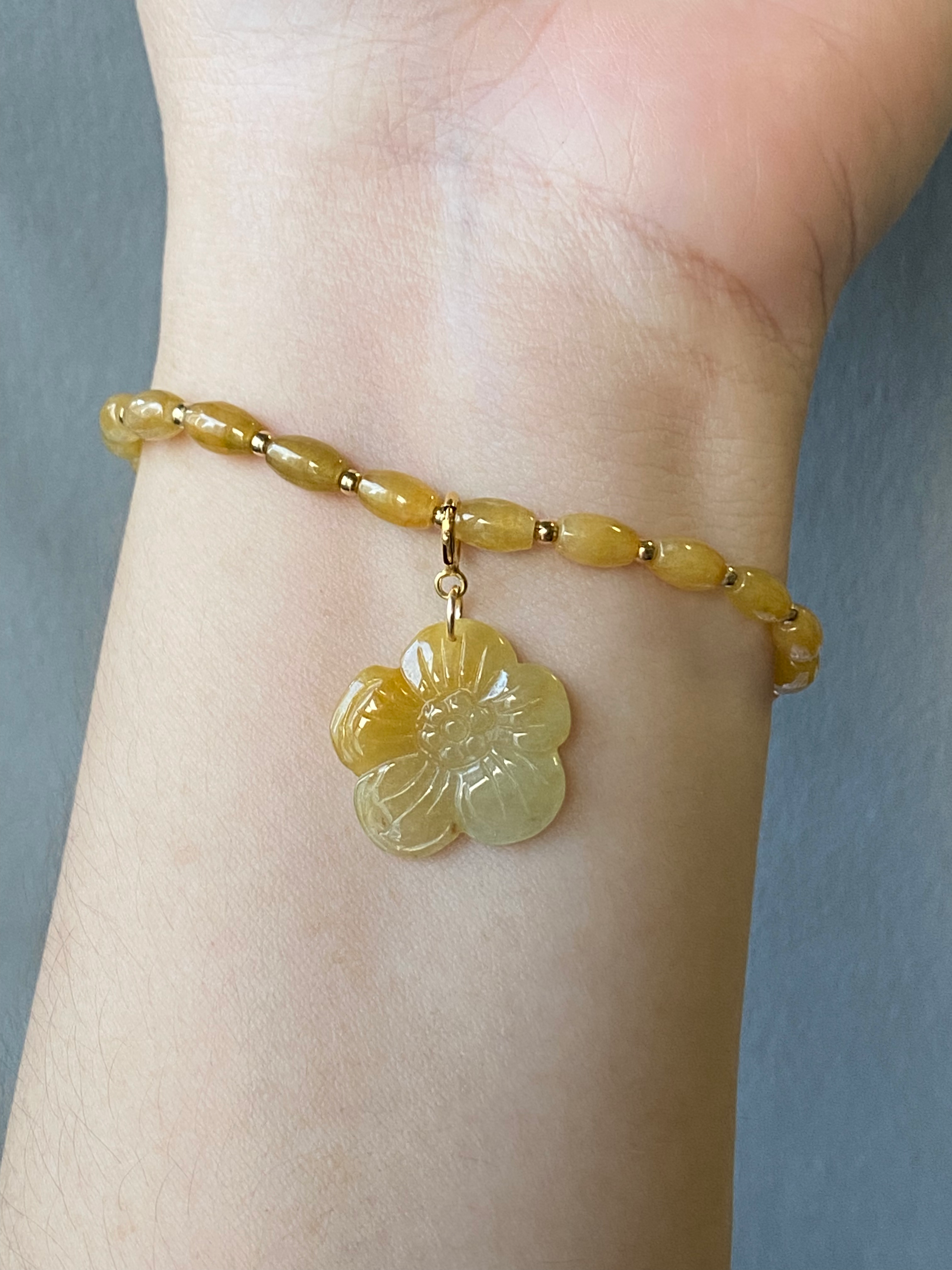 14K Gold Filled Type A Yellowish Jadeite Flower Charm