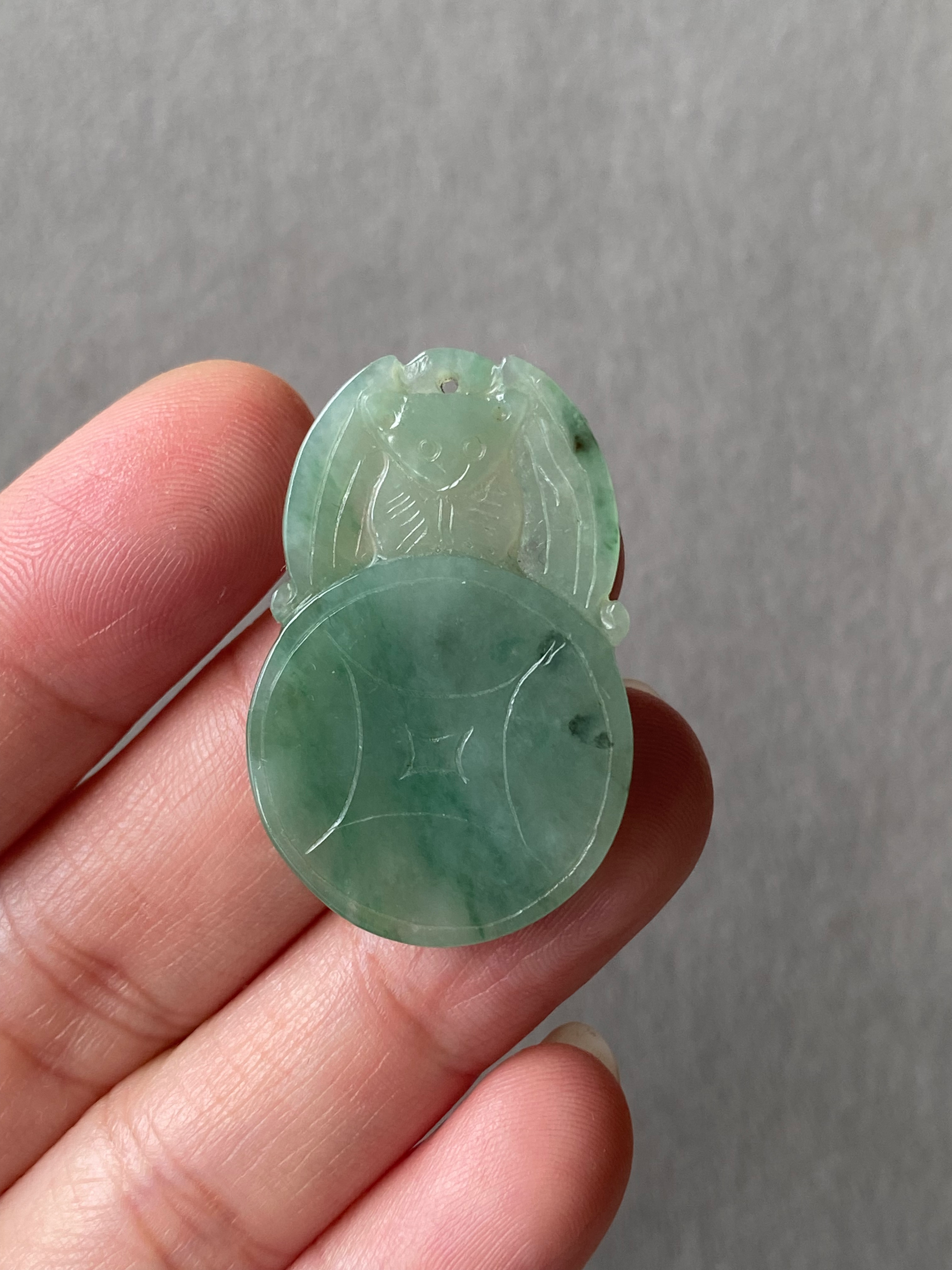 Type A Translucent Green Jadeite Carved Bat n Coin Pendant