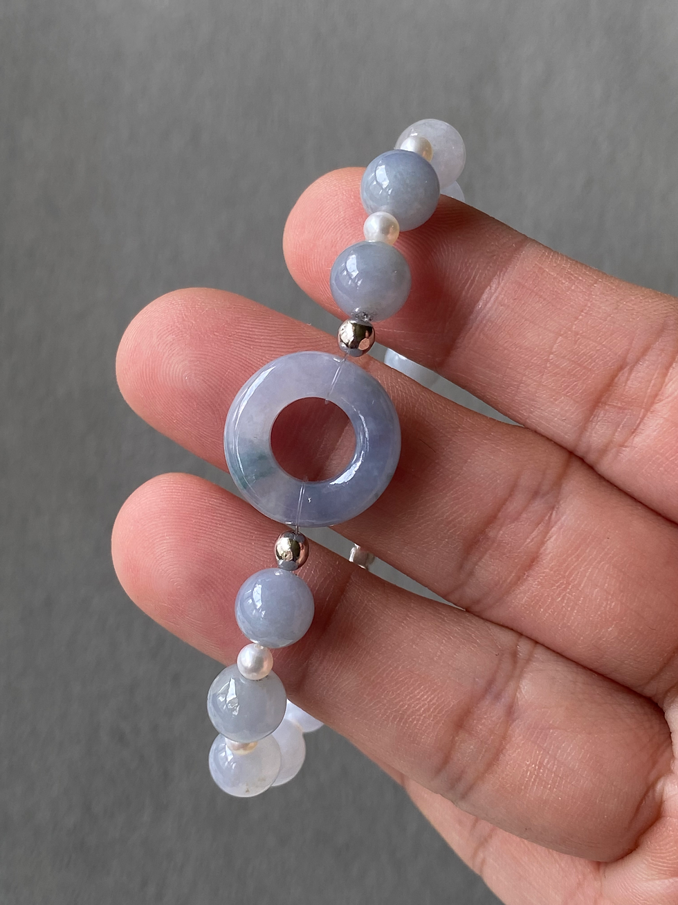 Thumbnail: Type A Light Bluish Lavender Jadeite Mix Freshwater Pearls Beads Bracelet