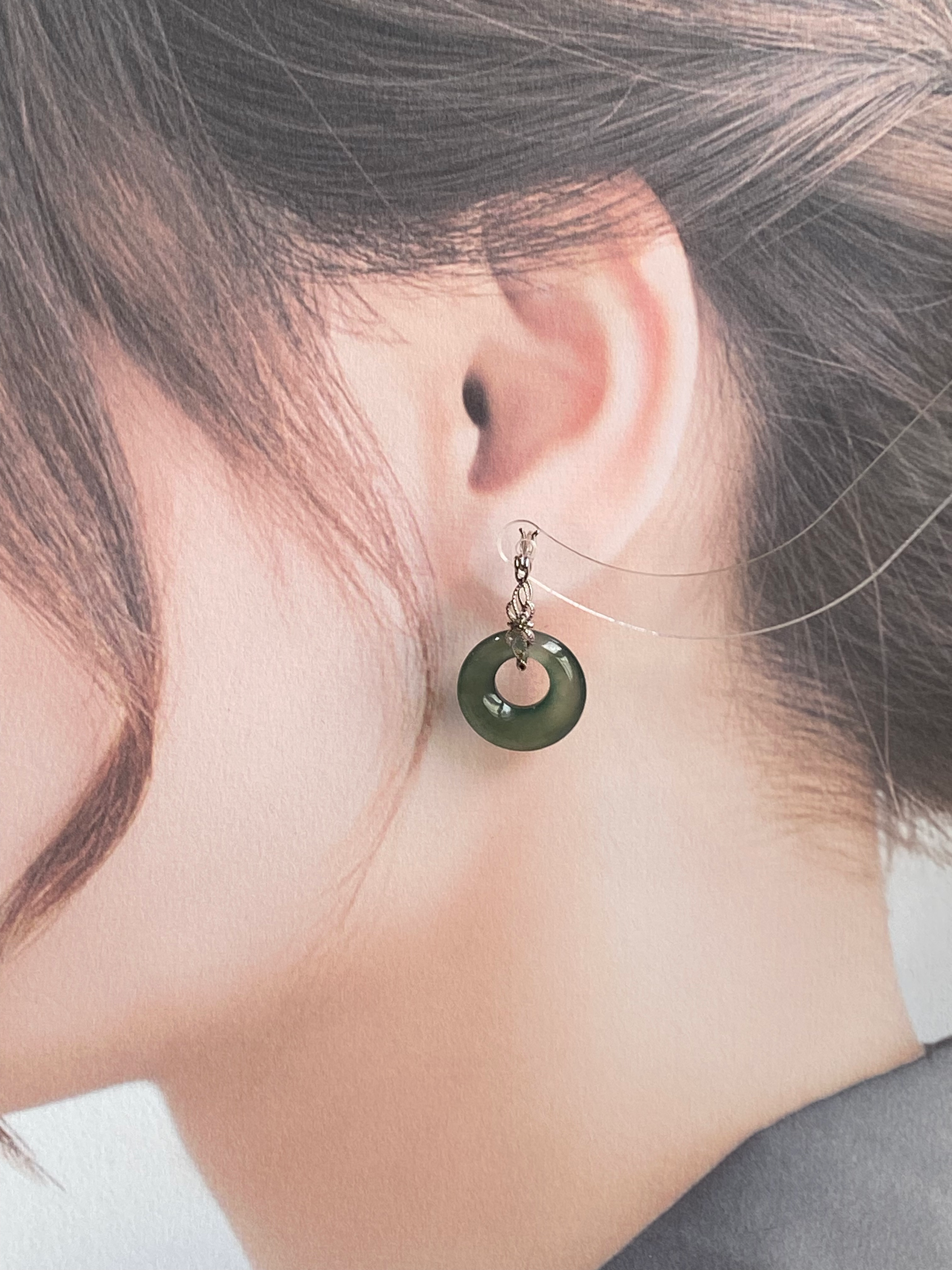 925 Silver Type A Translucent Bluish Green Jadeite Donut Earrings