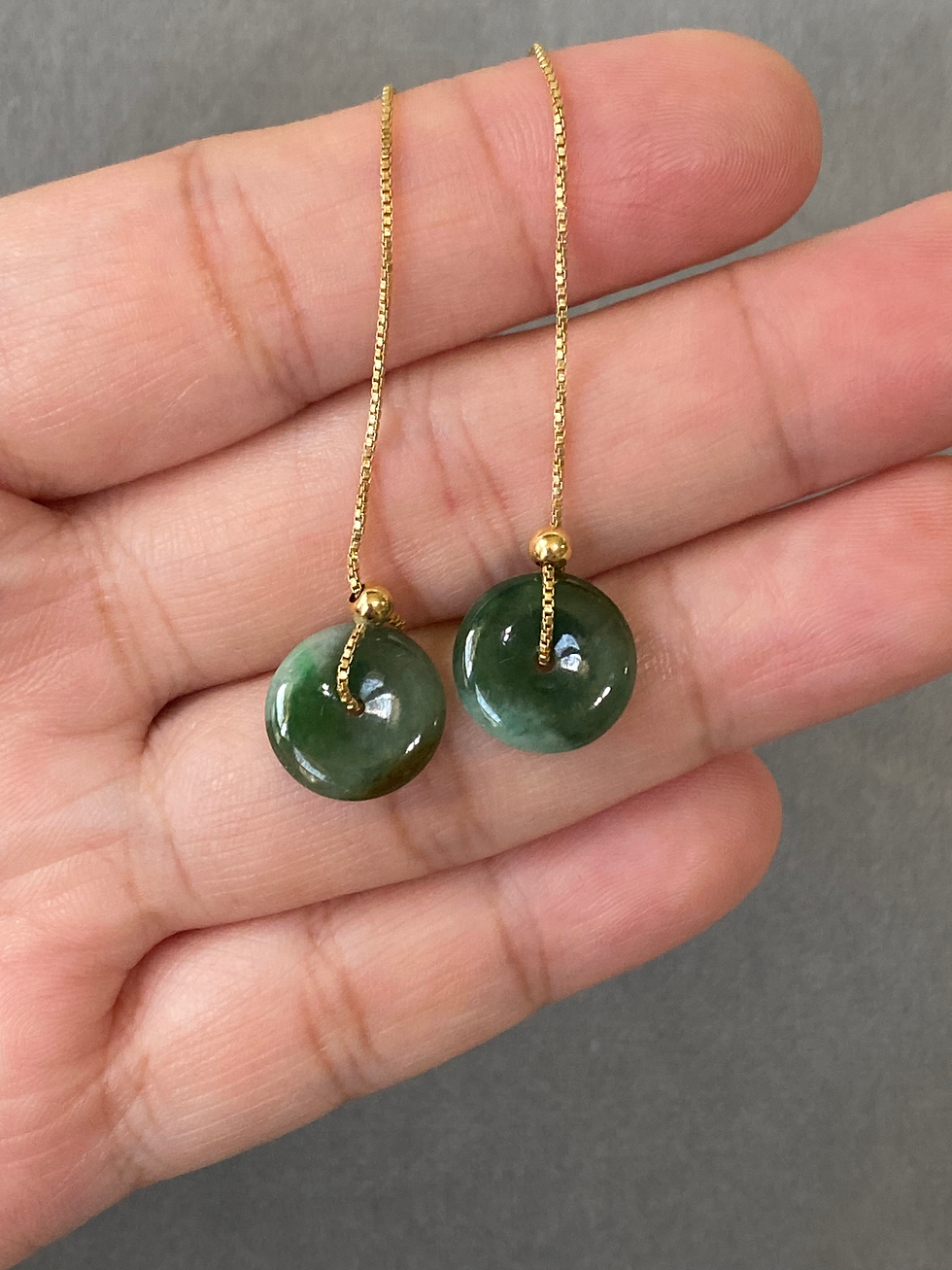 Thumbnail: 14K Gold Filled Type A Deep Green Mix Jadeite Disc Ear Thread