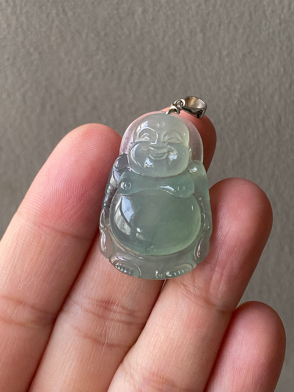 Thumbnail: 18K White Gold Type A Icy Faint Green Laughing Buddha Jadeite Pendant