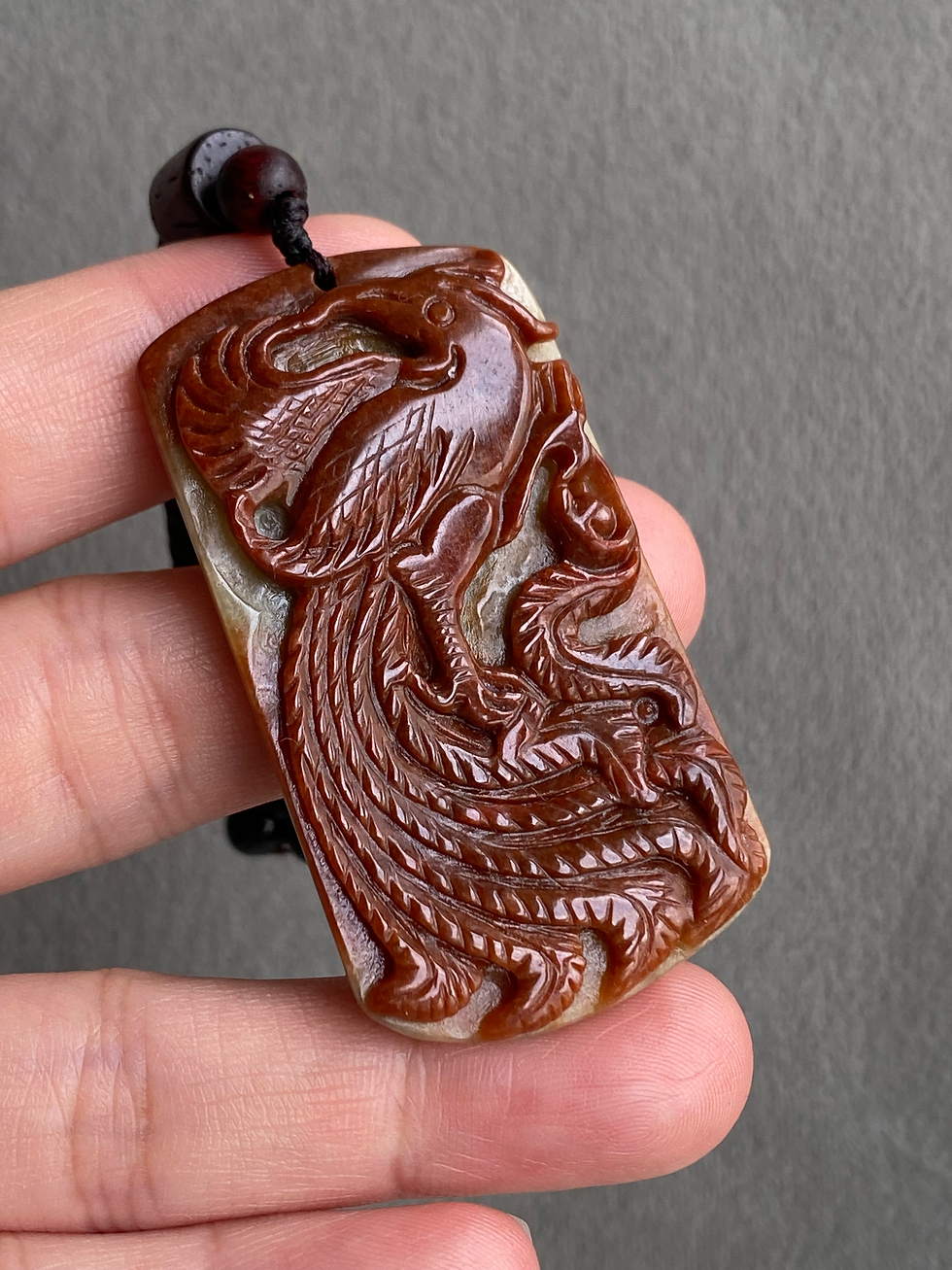 Thumbnail: Type A Brownish Red Mix Jadeite Carved Phoenix Pendant