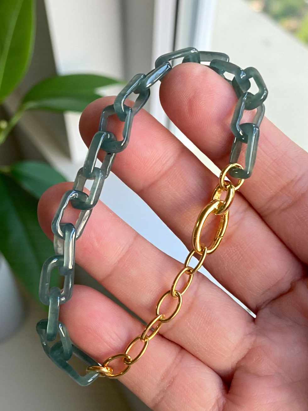 Thumbnail: Type A Translucent Bluish Green Interlink Jadeite Chain Bracelet