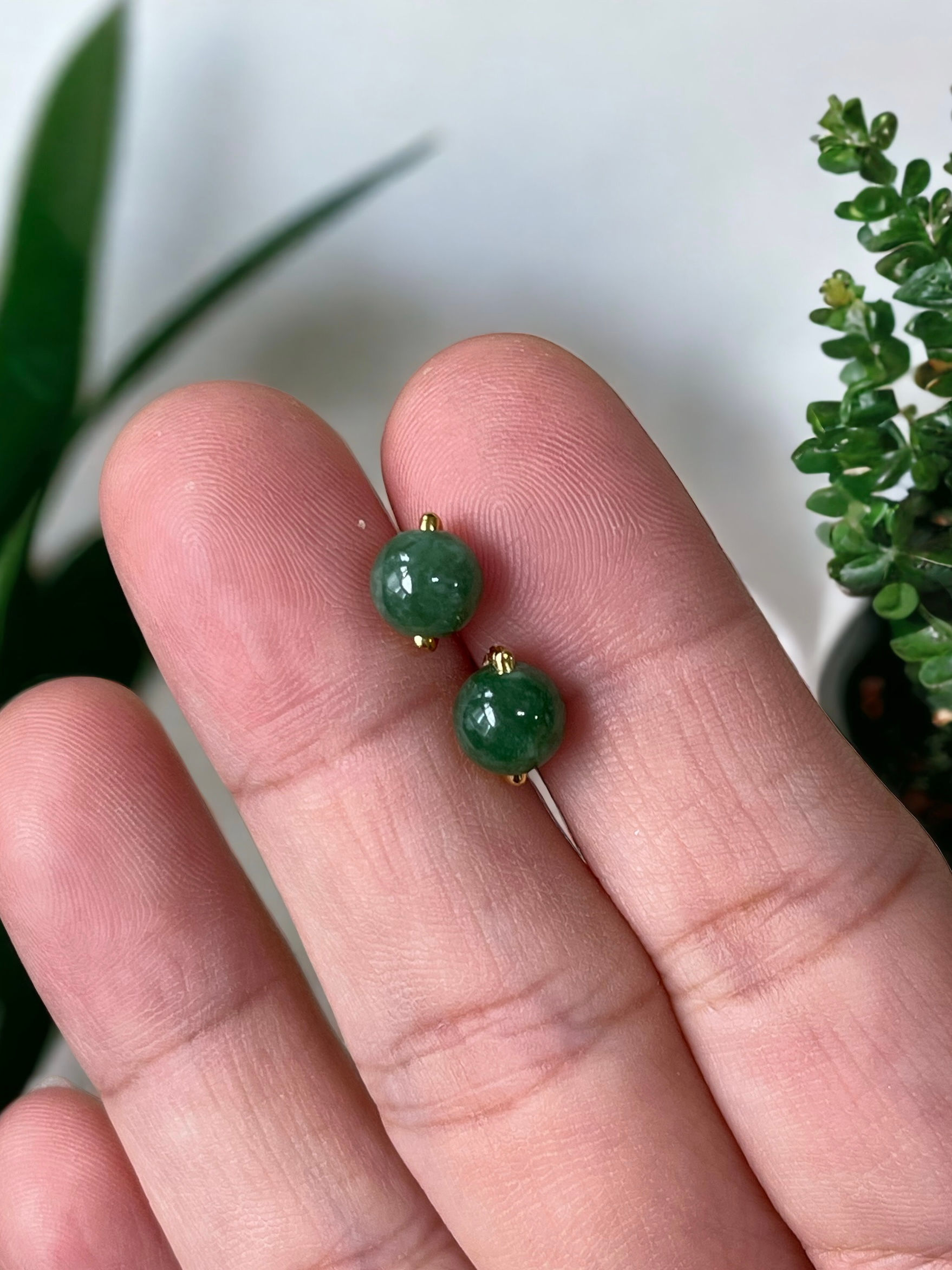 925 Silver Gold Plated Dark Green Jadeite Beads Studs