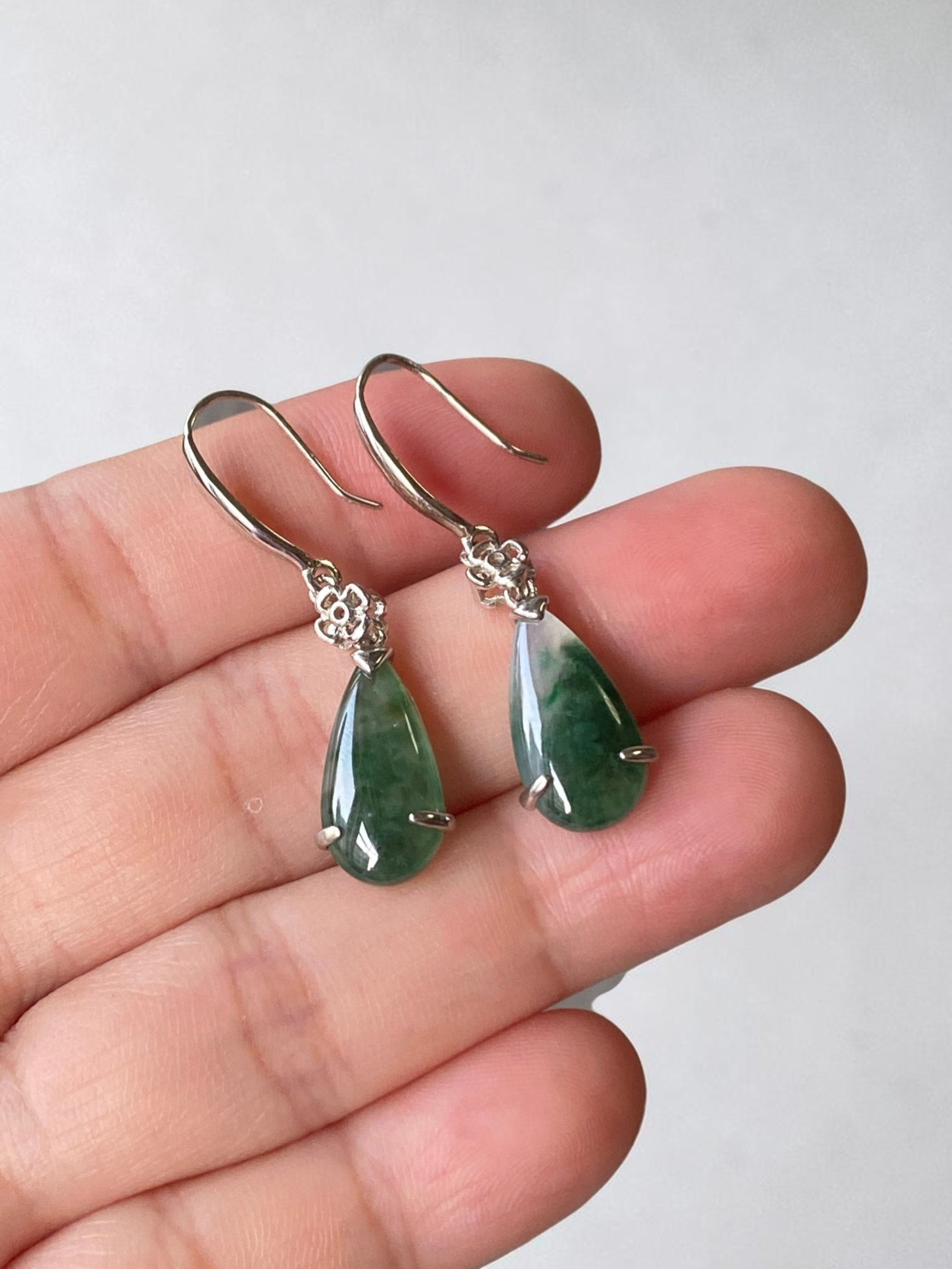 925 Silver Translucent Floral Green Jadeite Droplet Earrings
