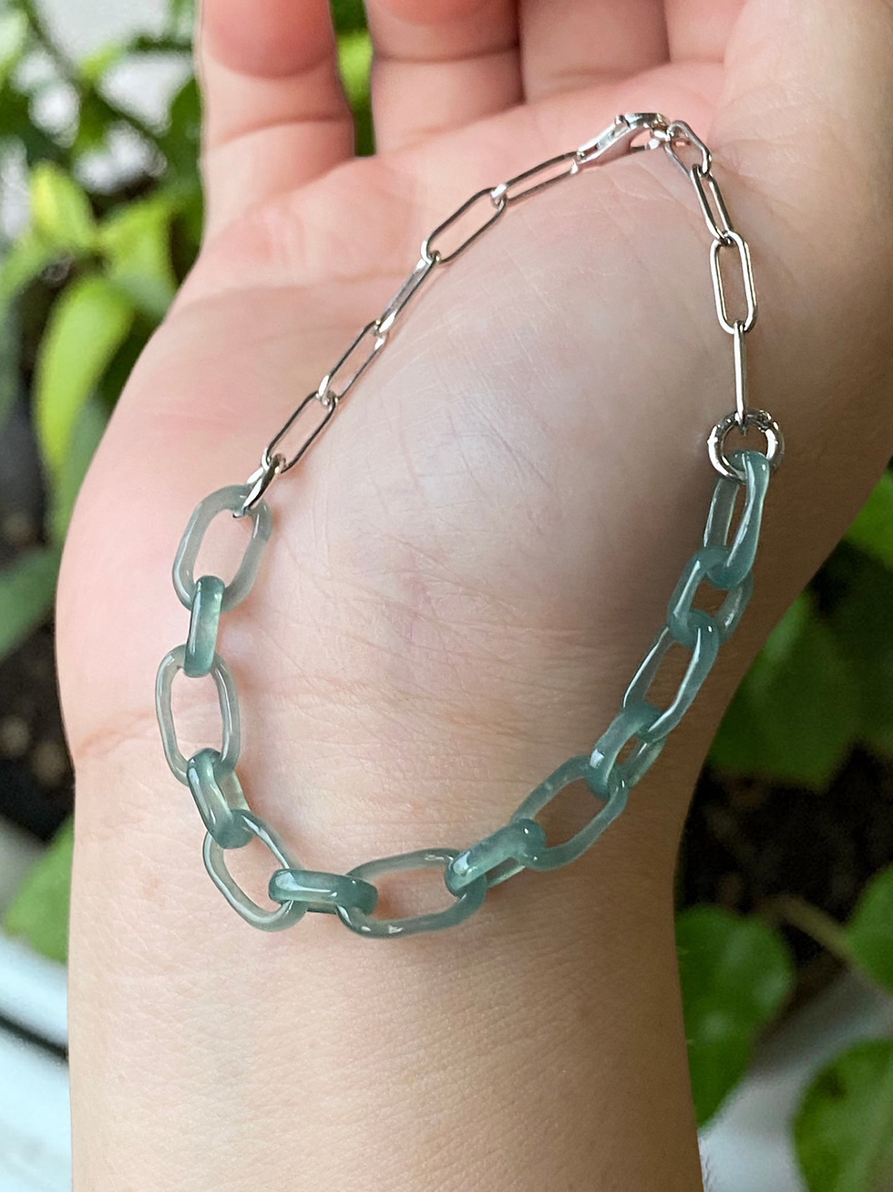 Thumbnail: 925 Silver Type A Translucent Bluish Green Interlink Jadeite Chain Bracelet