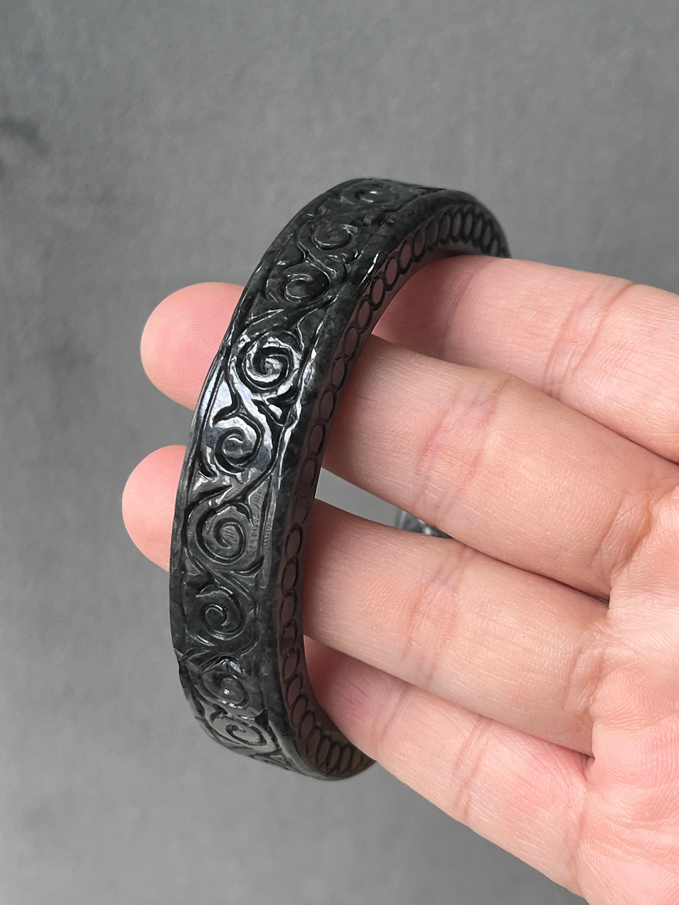 Thumbnail: 62.8MM Type A Flat Black Jadeite Carved Bangle