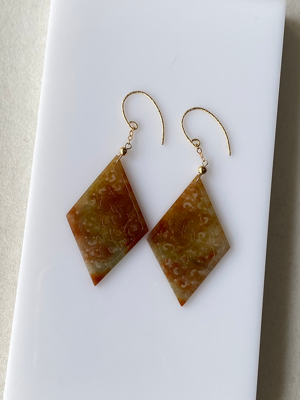 Thumbnail: 14K Gold Filled Brownish Mix Carved Jadeite Earrings