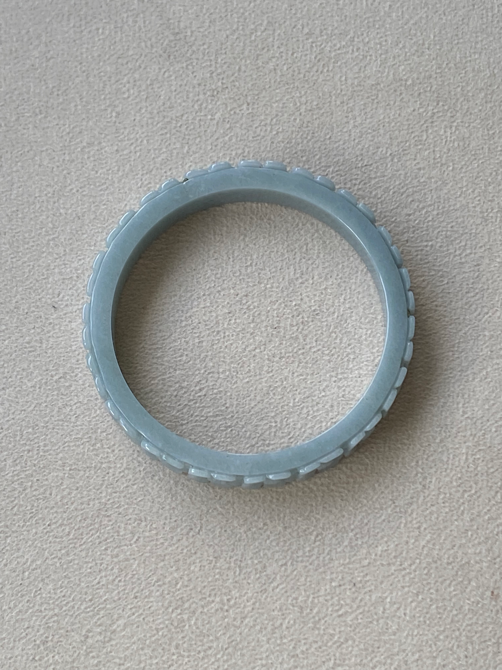 Thumbnail: 60.9MM Type Light Bluish Carved Flower Jadeite Bangle